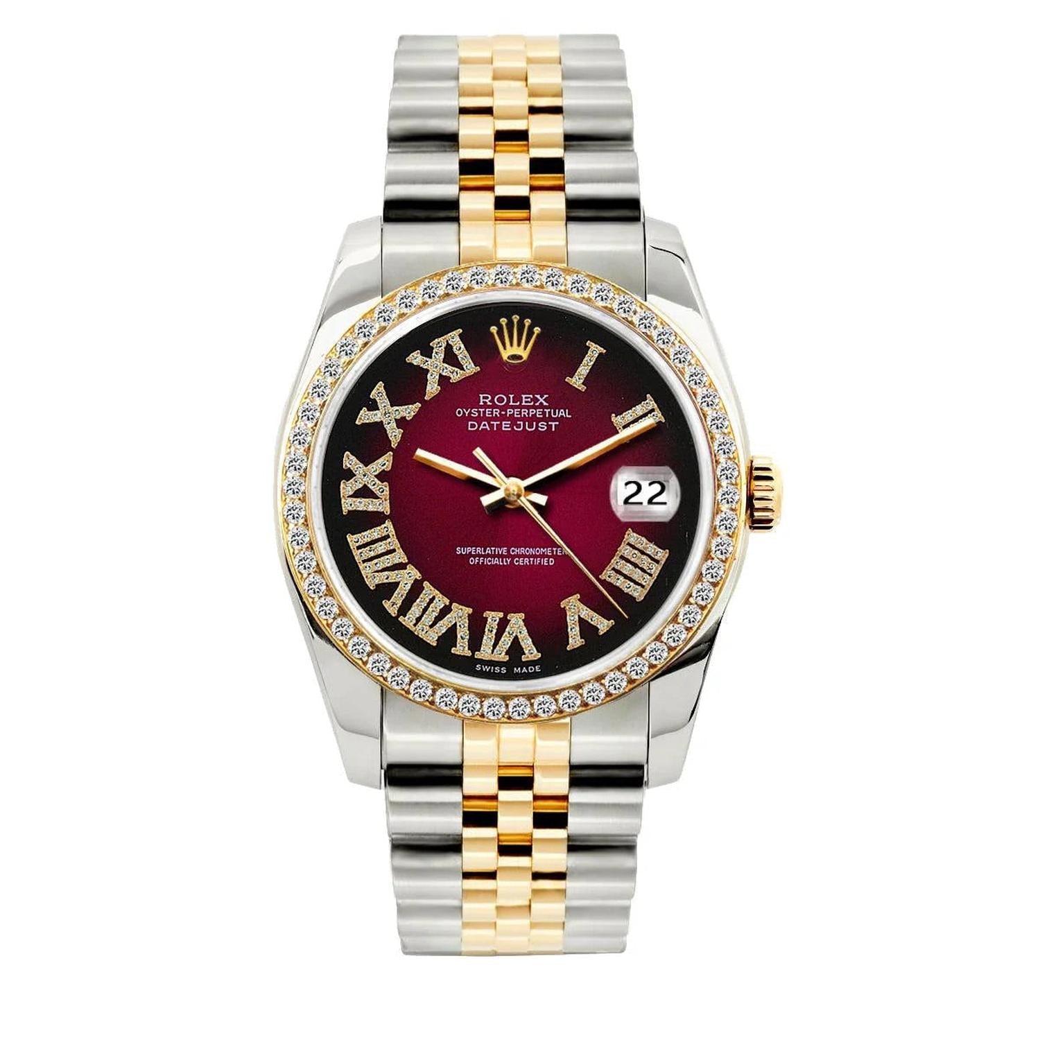 Rolex Datejust 36MM 16013 Red Roman Diamond Dial Diamond Bezel Two Tone Yellow Gold Jubilee Bracelet 1.2ct