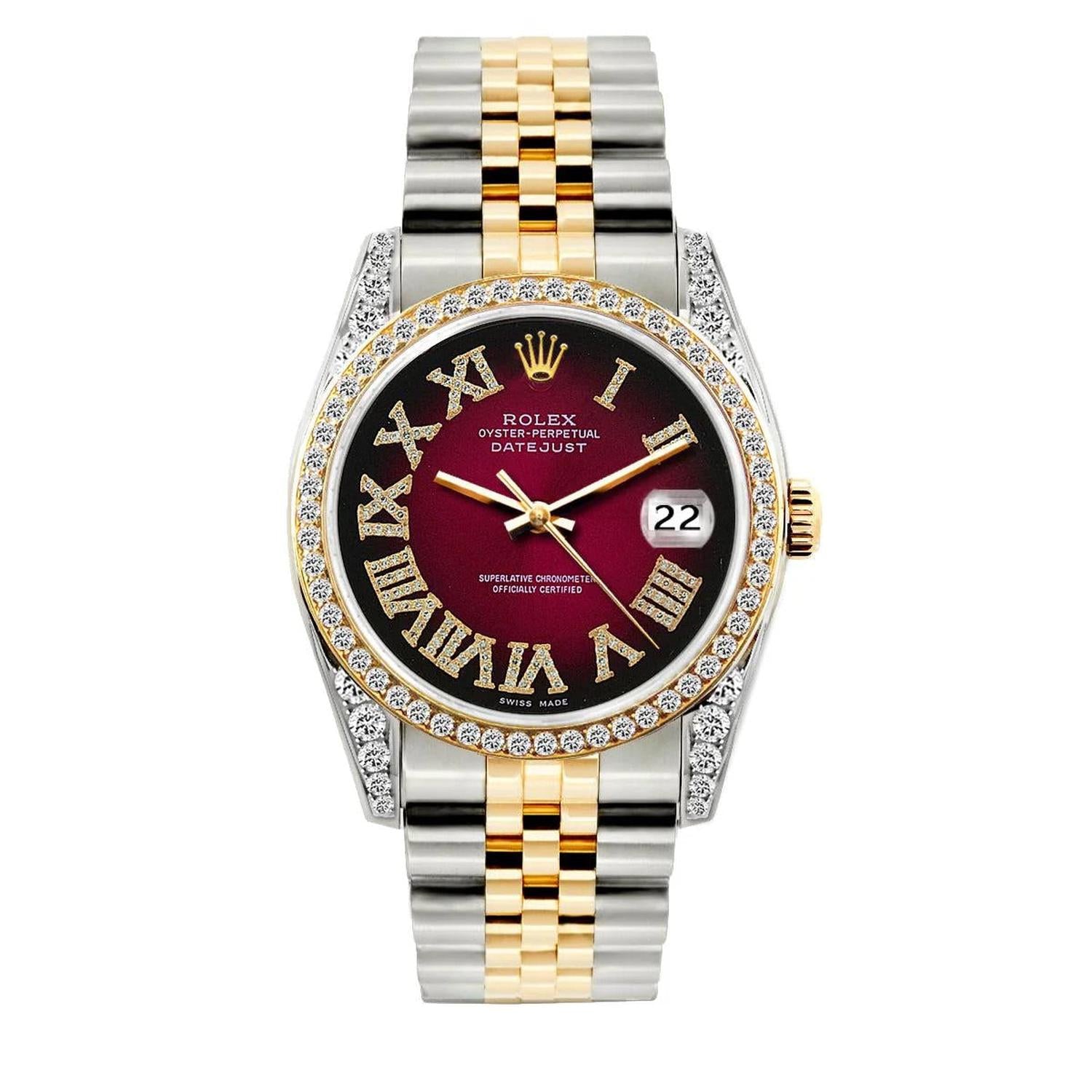 Rolex Datejust 36MM 16233 Red Roman Dial Diamond Bezel Two Tone Jubilee Bracelet 1.2ct