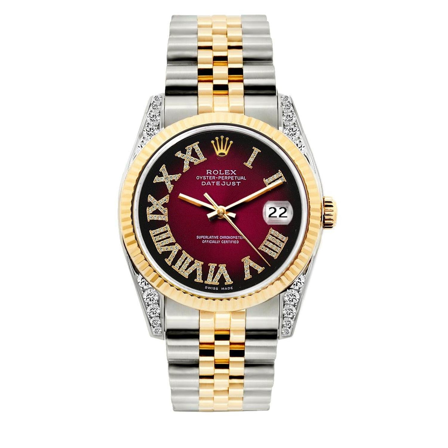 Rolex Datejust 36MM 16013 Red Roman Diamond Dial Fluted Bezel Two Tone Yellow Gold Jubilee Bracelet 1.2ct