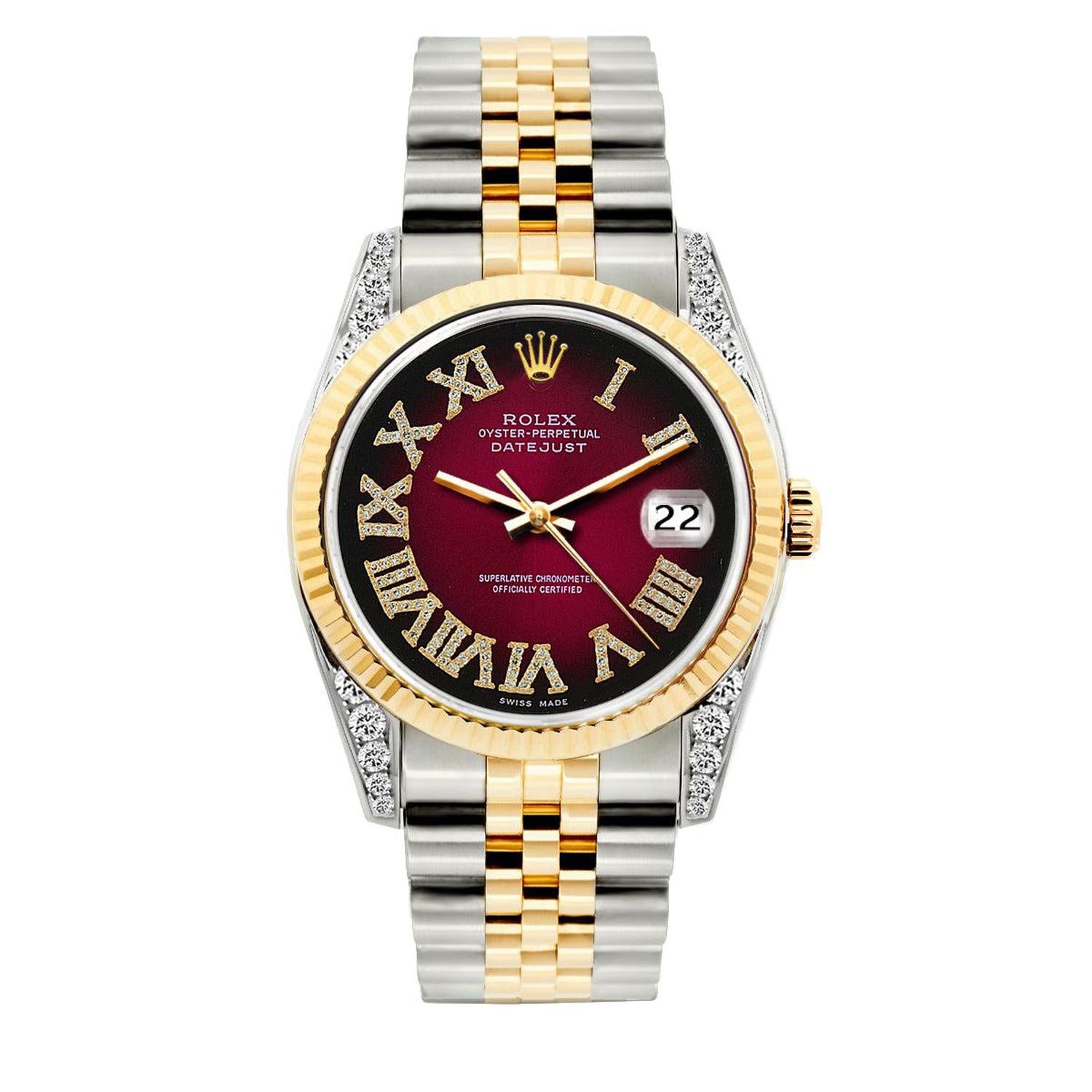 Rolex Datejust 36MM 16233 Red Roman Dial Yellow Gold Fluted Bezel Two Tone Jubilee Bracelet 1.2ct