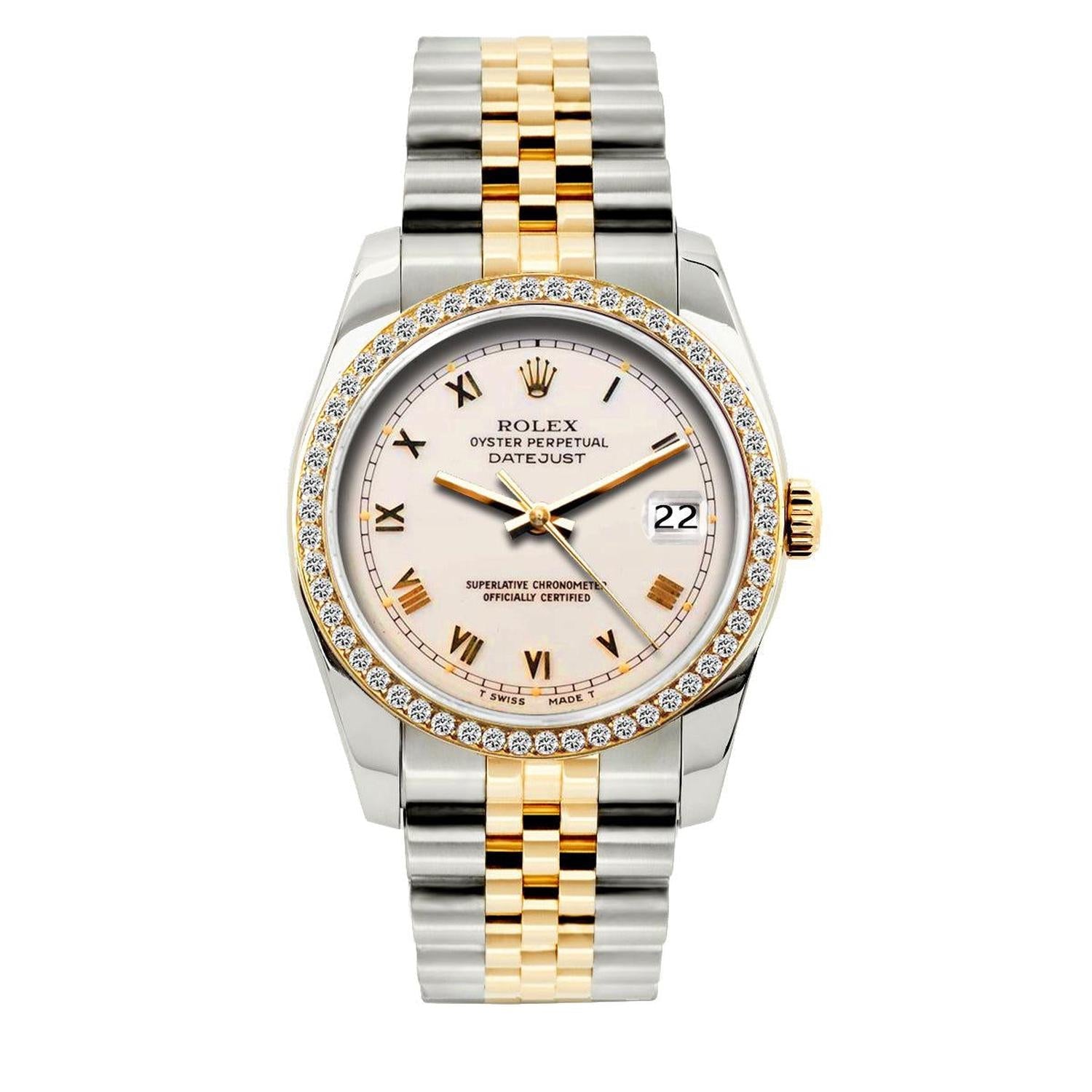Rolex Datejust 36MM 16013 Sundust Roman Dial Diamond Bezel Two Tone Yellow Gold Jubilee Bracelet 1.2ct