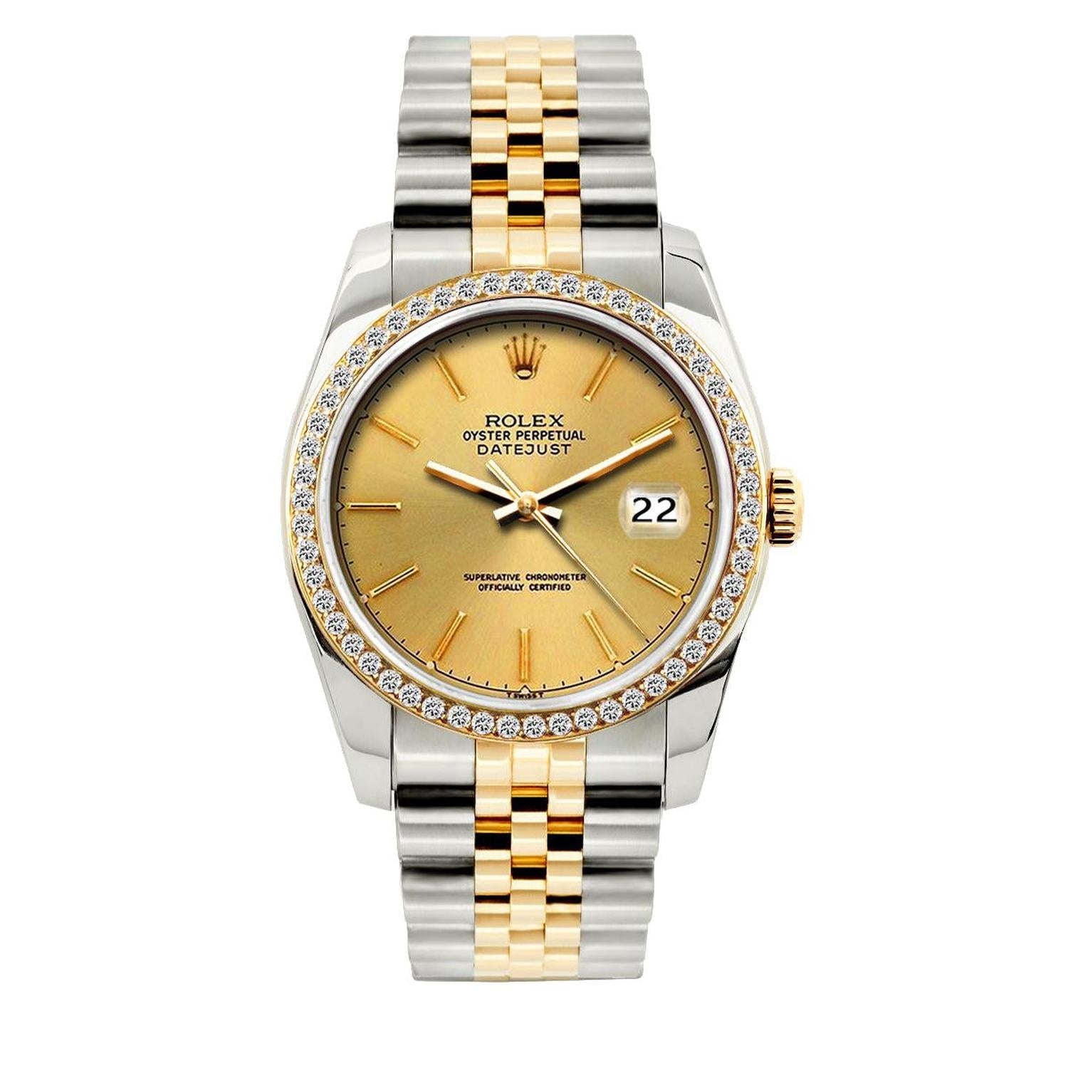 Rolex Datejust 36MM 16013 Champagne Dial Diamond Bezel Two Tone Yellow Gold Jubilee Bracelet 1.2ct