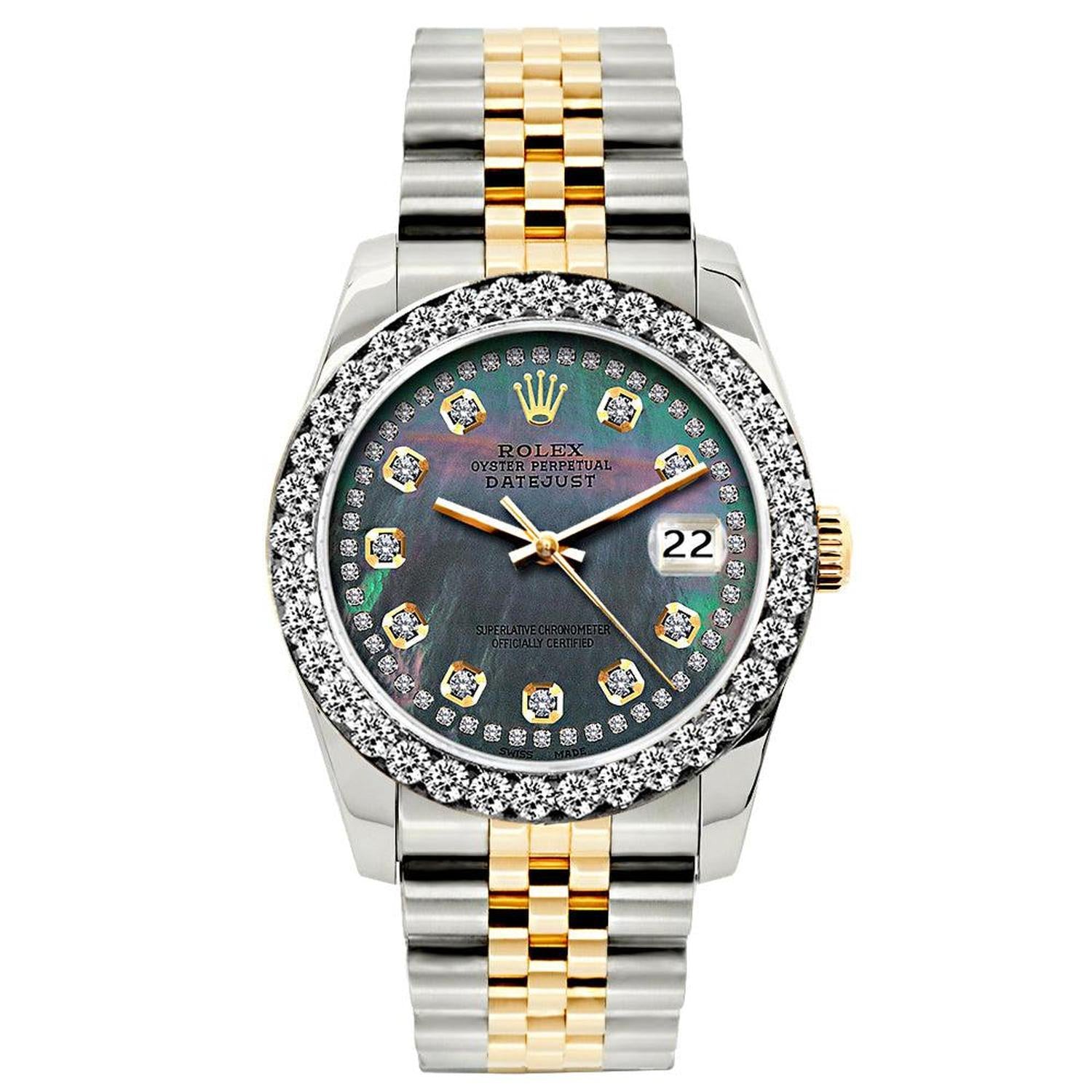 Rolex Datejust 26MM 69173 Black Mother of Pearl Diamond Dial Diamond Bezel Two Tone Jubilee Bracelet 1.2ct