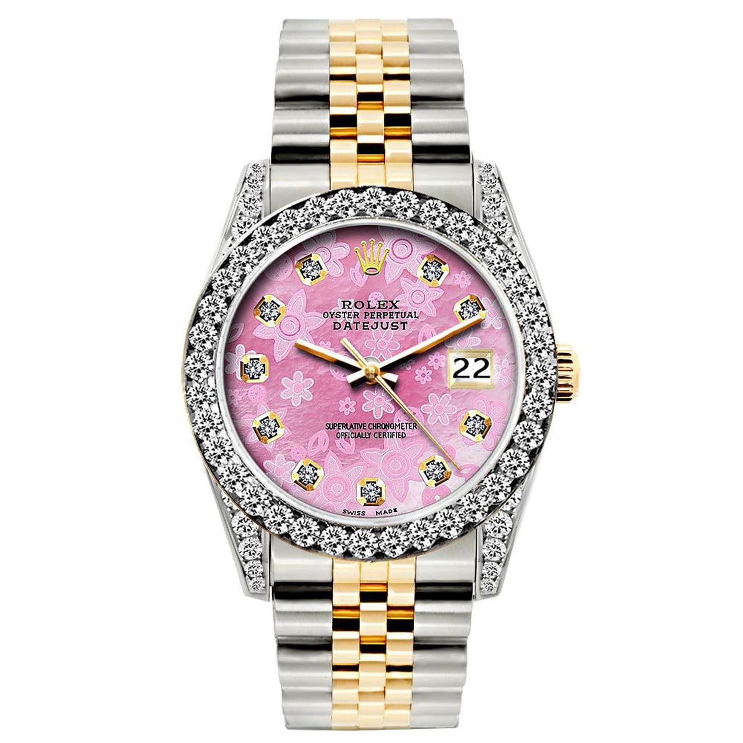 Rolex Datejust 26MM 69173 Pink Floral Diamond Dial Diamond Bezel Two Tone Jubilee Bracelet 1.2ct