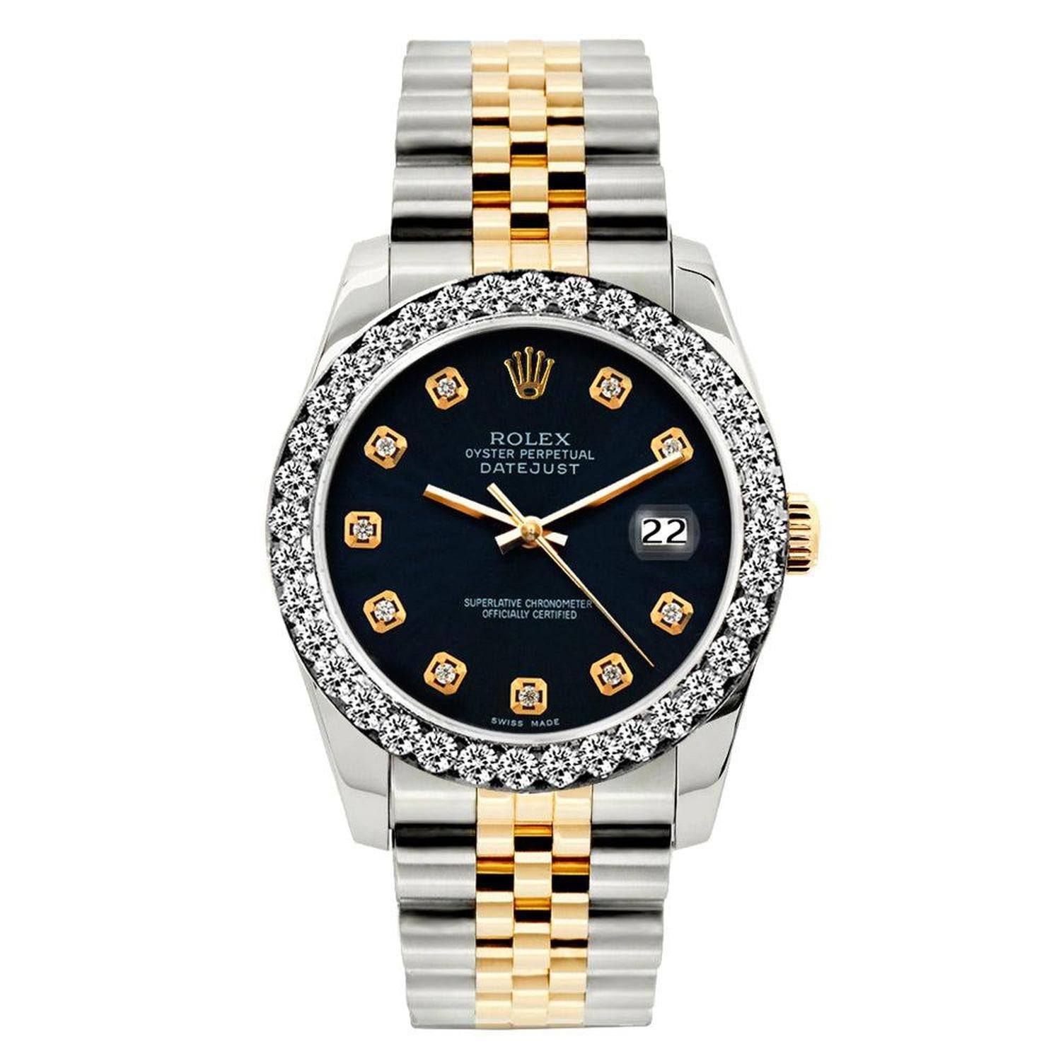 Rolex Datejust 26MM 69173 Black Diamond Dial Diamond Bezel Two Tone Jubilee Bracelet 1.2ct