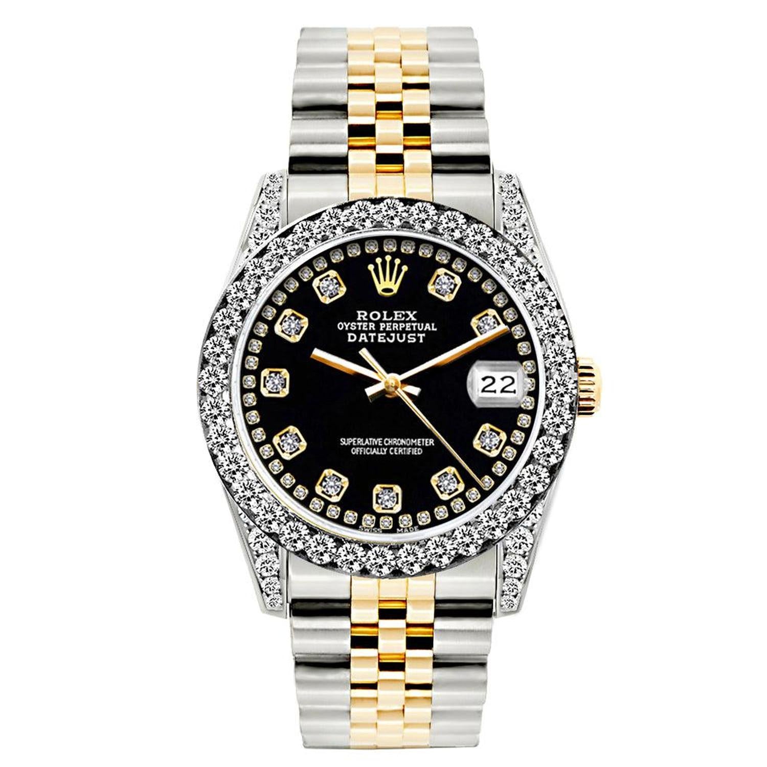 Rolex Datejust 26MM 69173 Black Diamond Dial Diamond Bezel Two Tone Jubilee Bracelet 1.2ct