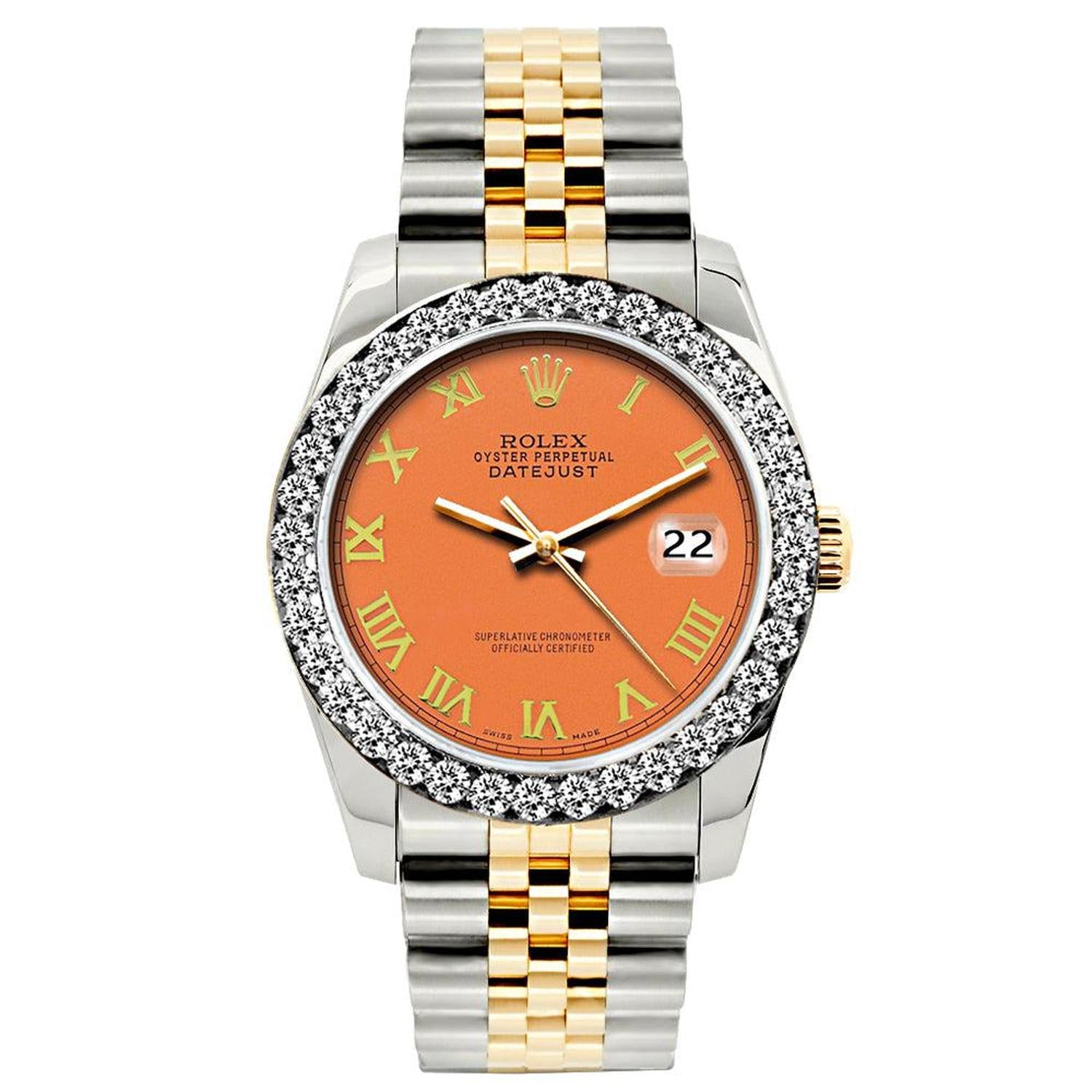 Rolex Datejust 26MM 69173 Orange Roman Dial Diamond Bezel Two Tone Jubilee Bracelet 1.2ct
