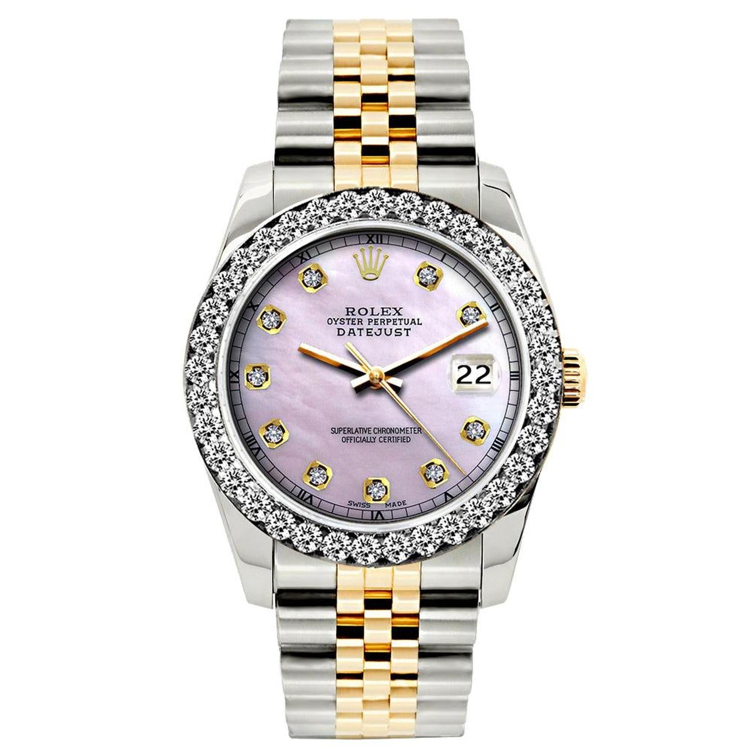 Rolex Datejust 26MM 69173 Pink Mother of Pearl Diamond Dial Diamond Bezel Two Tone Jubilee Bracelet 1.2ct