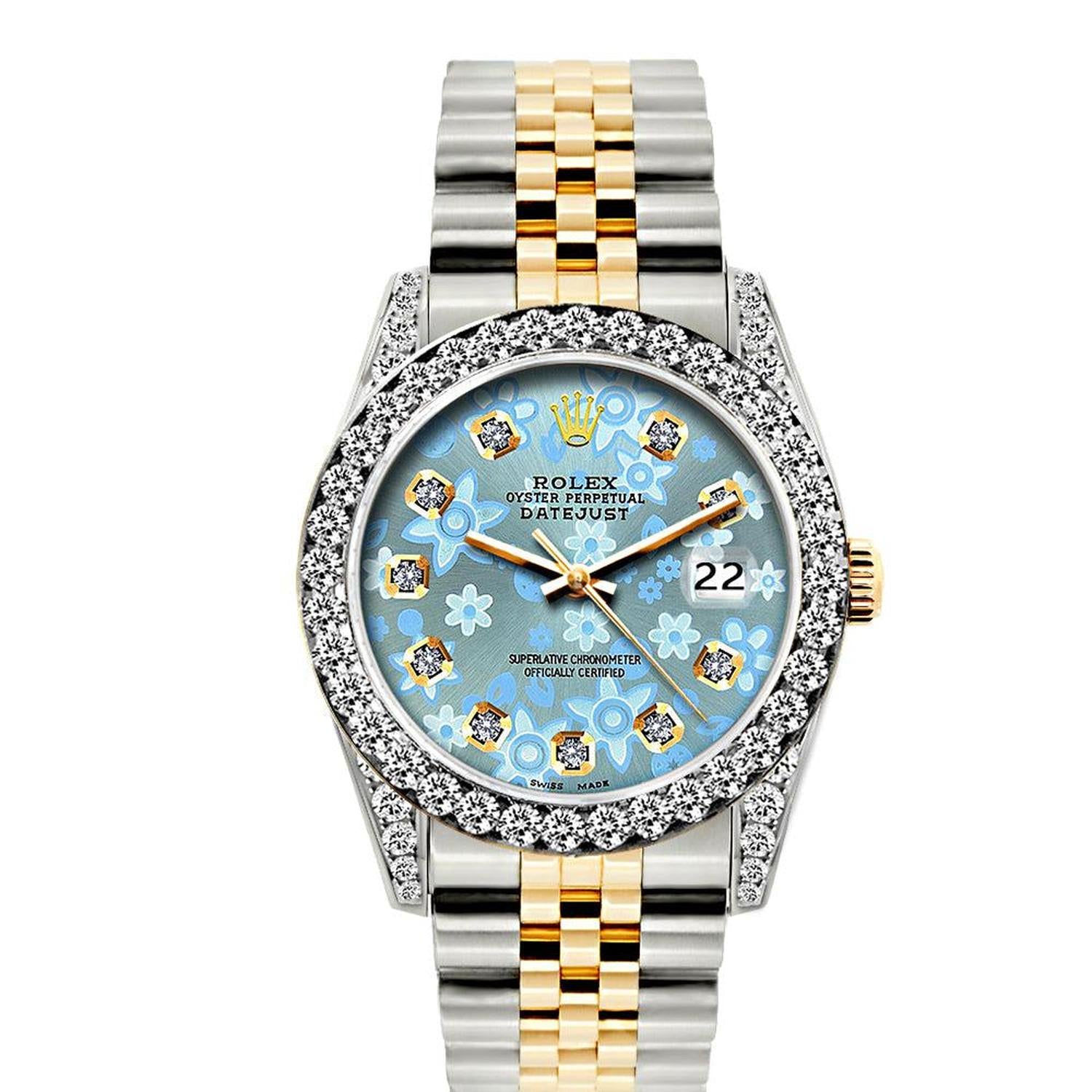Rolex Datejust 26MM 69173 Ice Blue Floral Diamond Dial Diamond Bezel Two Tone Jubilee Bracelet 1.2ct