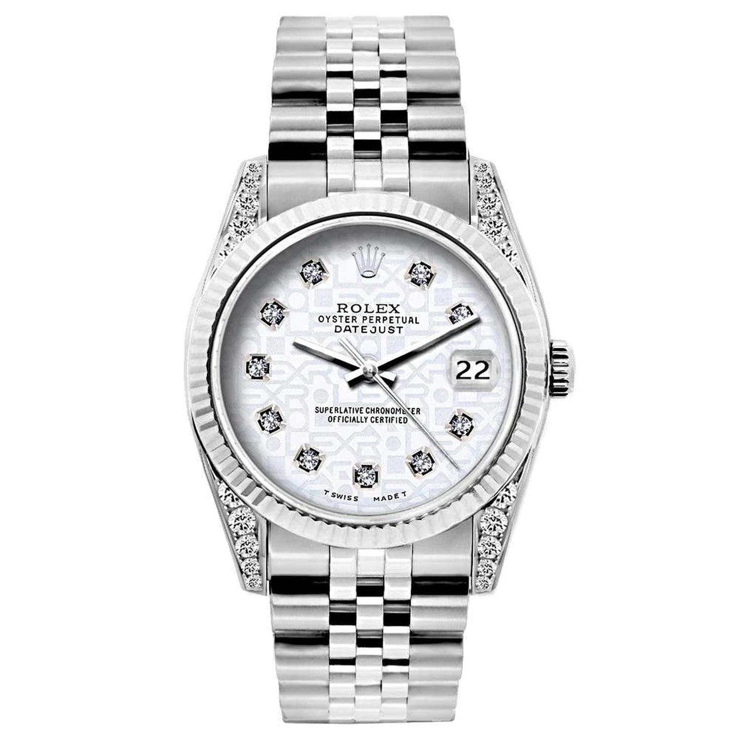 Rolex Datejust 26MM 6916 Silver Pattern Diamond Dial White Gold Fluted Bezel Stainless Steel Jubilee Bracelet 1.2ct