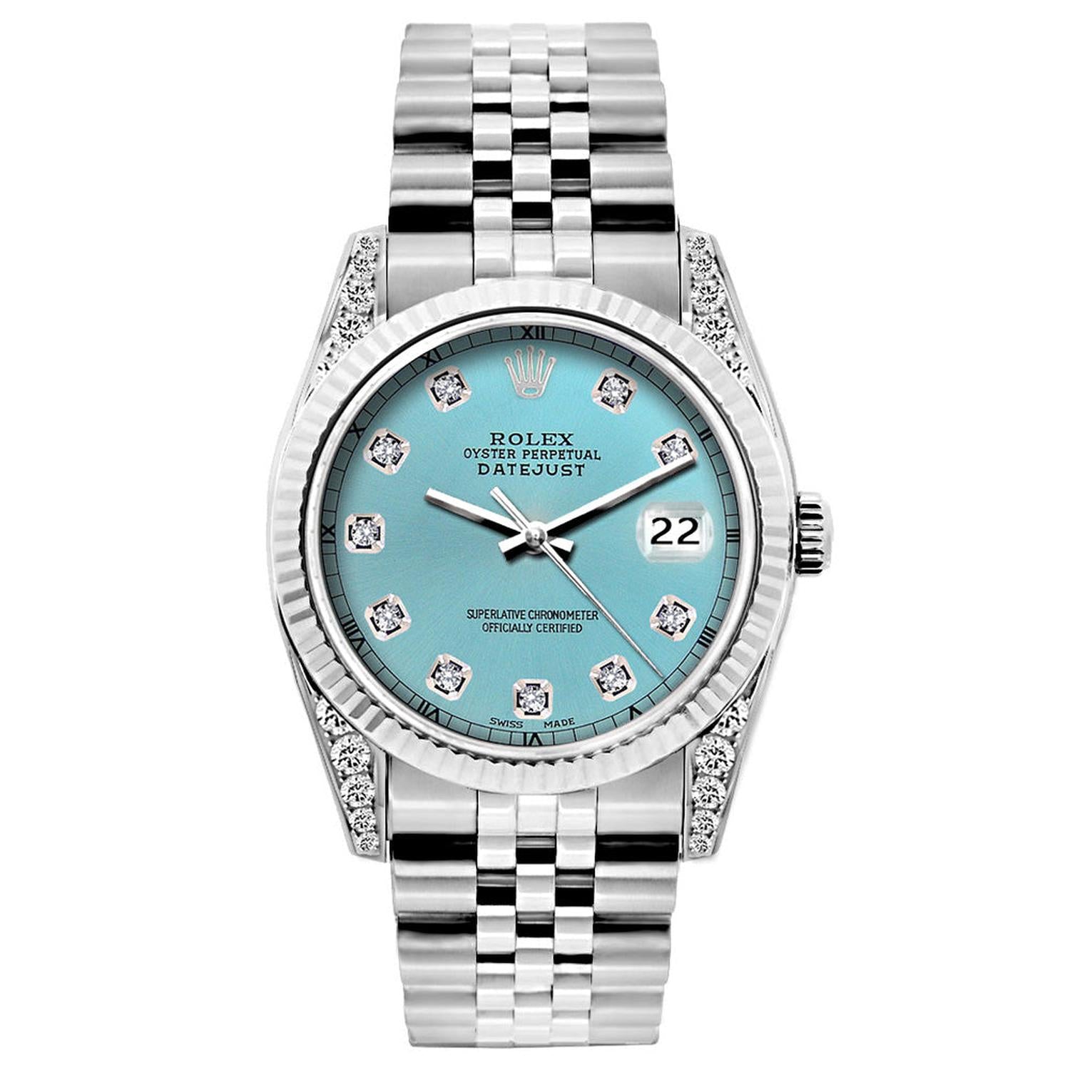 Rolex Datejust 26MM 6916 Blue Diamond Dial White Gold Fluted Bezel Stainless Steel Jubilee Bracelet 1.2ct
