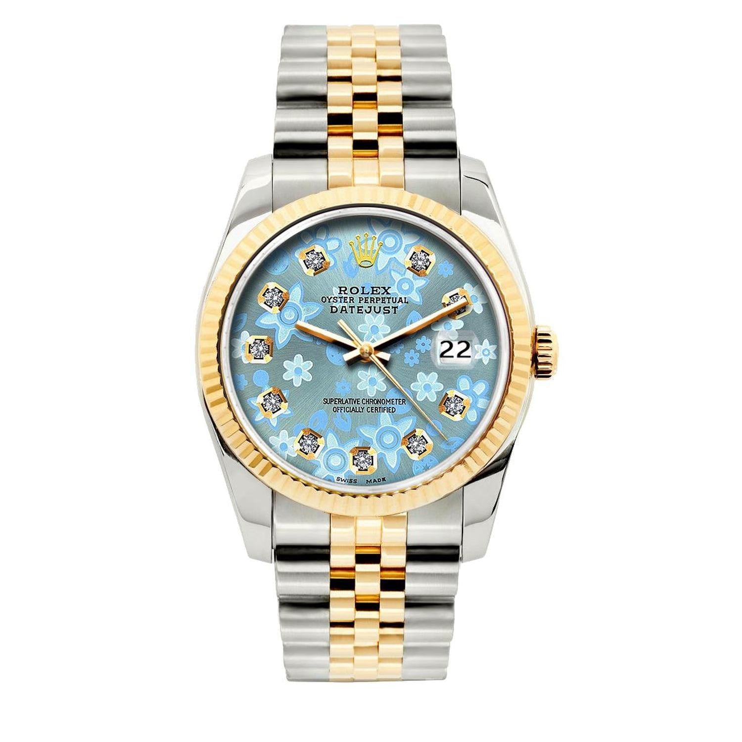 Rolex Datejust 36MM 16013 Ice Blue Floral Diamond Dial Fluted Bezel Two Tone Yellow Gold Jubilee Bracelet