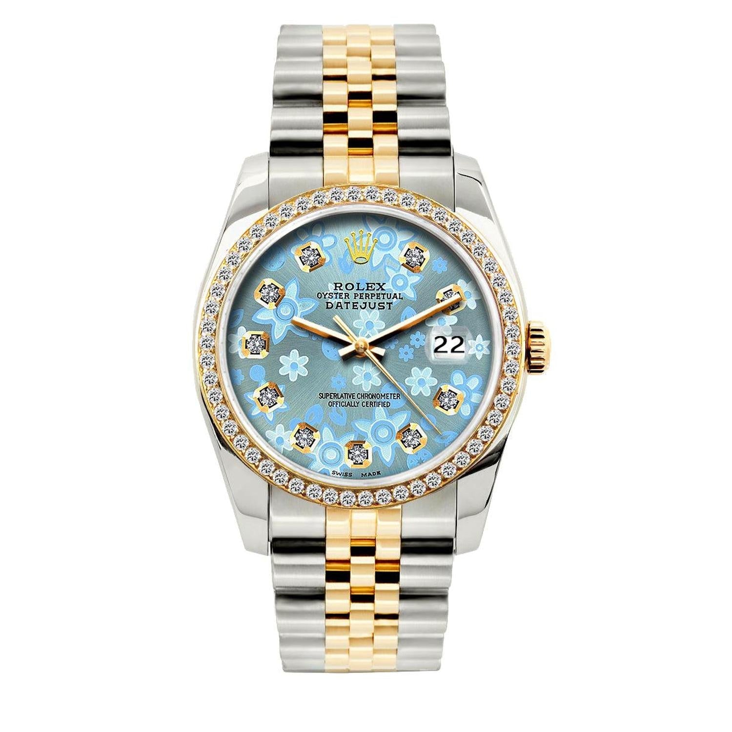 Rolex Datejust 36MM 16013 Ice Blue Floral Diamond Dial Diamond Bezel Two Tone Yellow Gold Jubilee Bracelet 1.2ct
