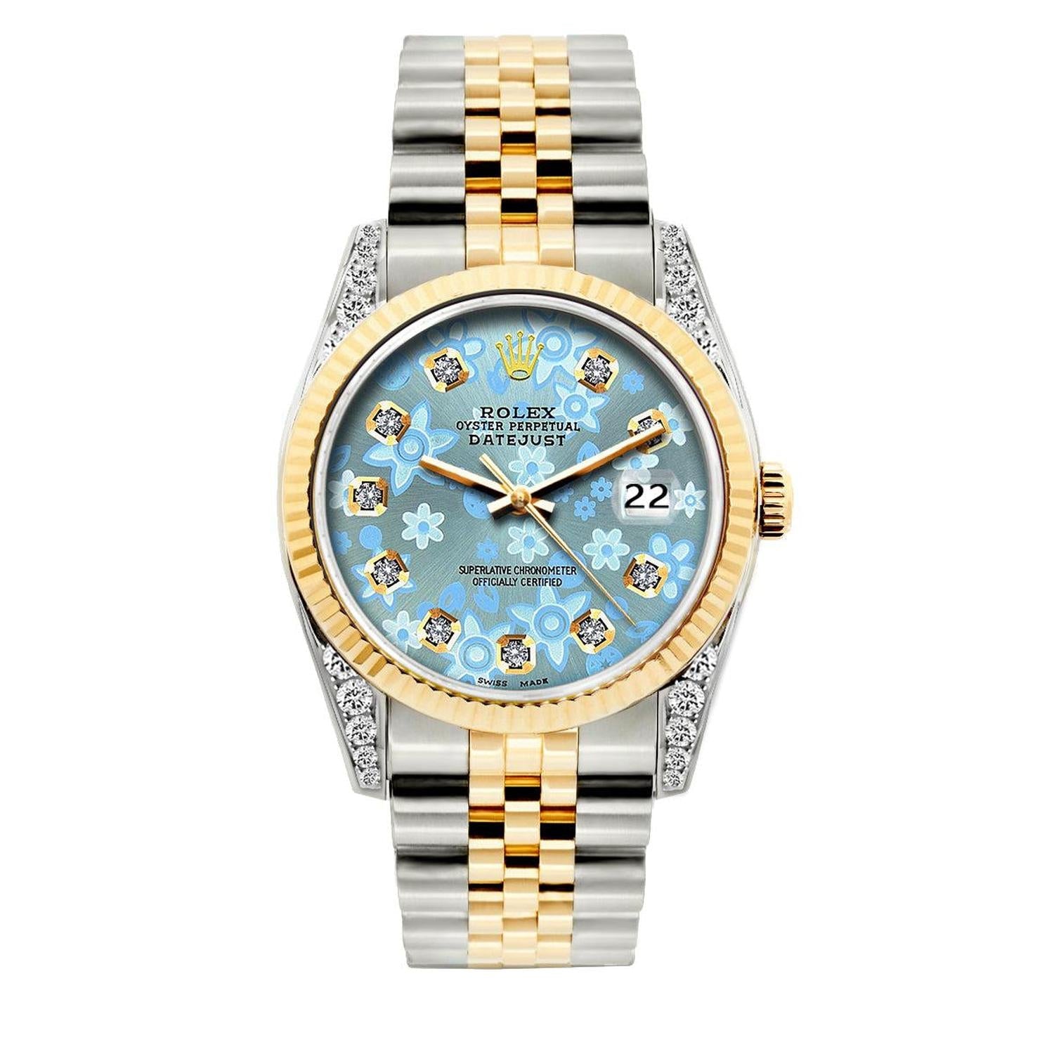Rolex Datejust 36MM 16013 Ice Blue Floral Diamond Dial Fluted Bezel Two Tone Yellow Gold Jubilee Bracelet