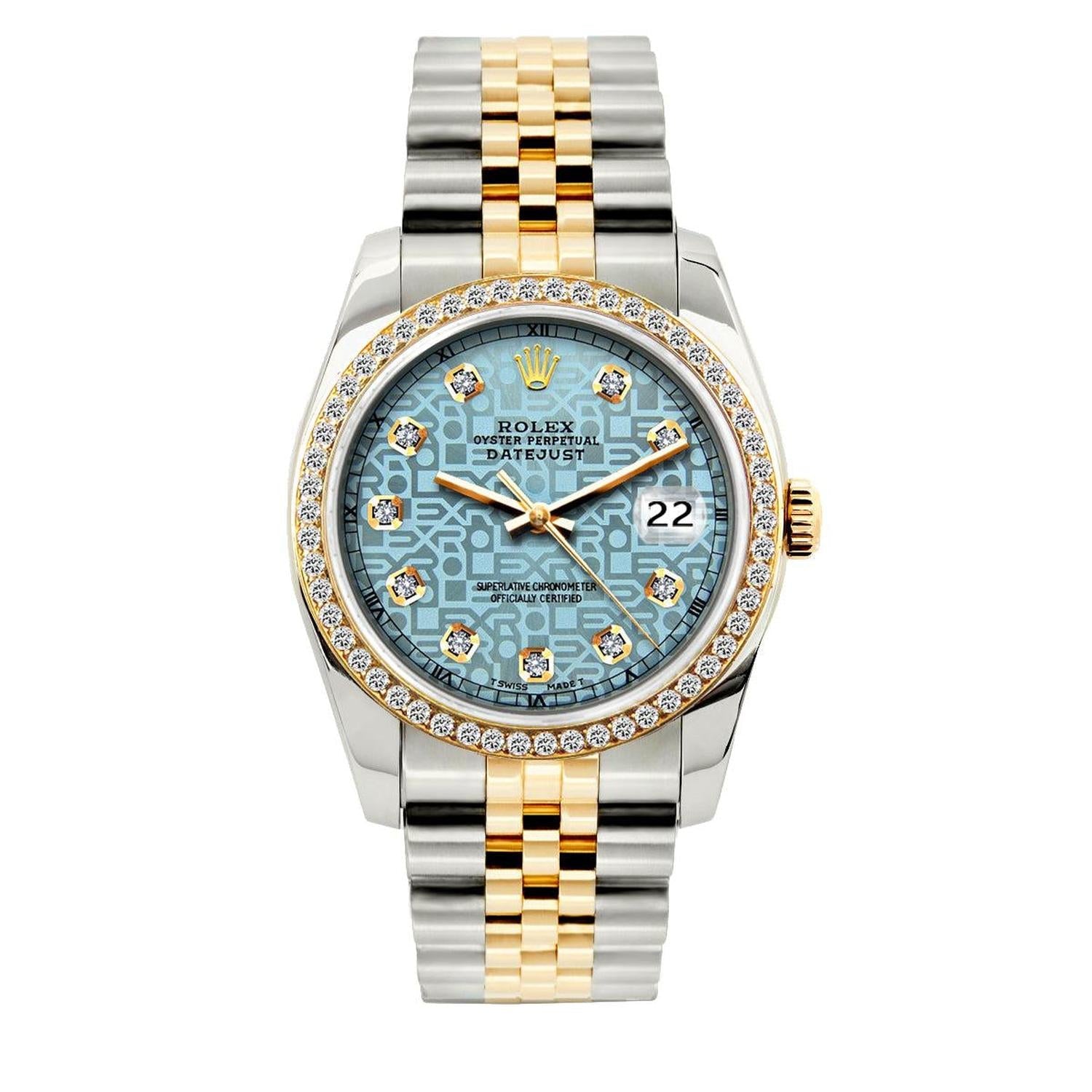 Rolex Datejust 36MM 16013 Ice Blue Floral Diamond Dial Diamond Bezel Two Tone Yellow Gold Jubilee Bracelet 1.2ct