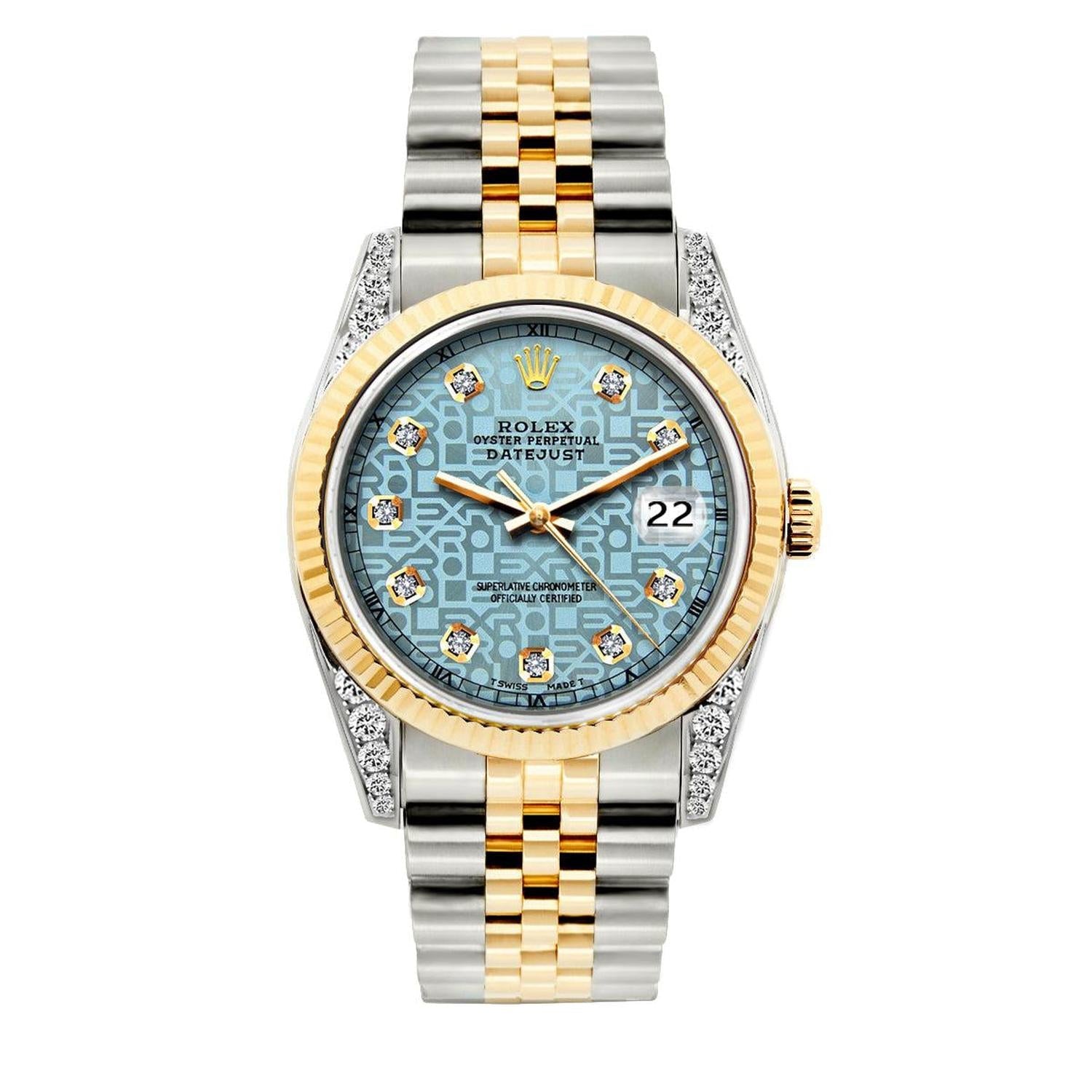Rolex Datejust 36MM 16013 Ice Blue Floral Diamond Dial Fluted Bezel Two Tone Yellow Gold Jubilee Bracelet