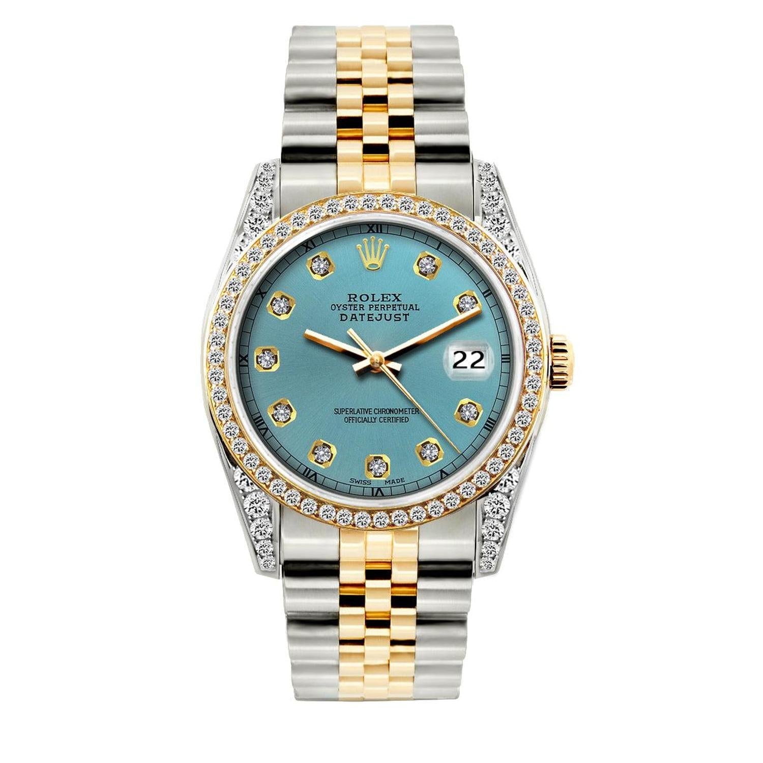 Rolex Datejust 36MM 16013 Blue Diamond Dial Diamond Bezel Two Tone Yellow Gold Jubilee Bracelet 1.2ct