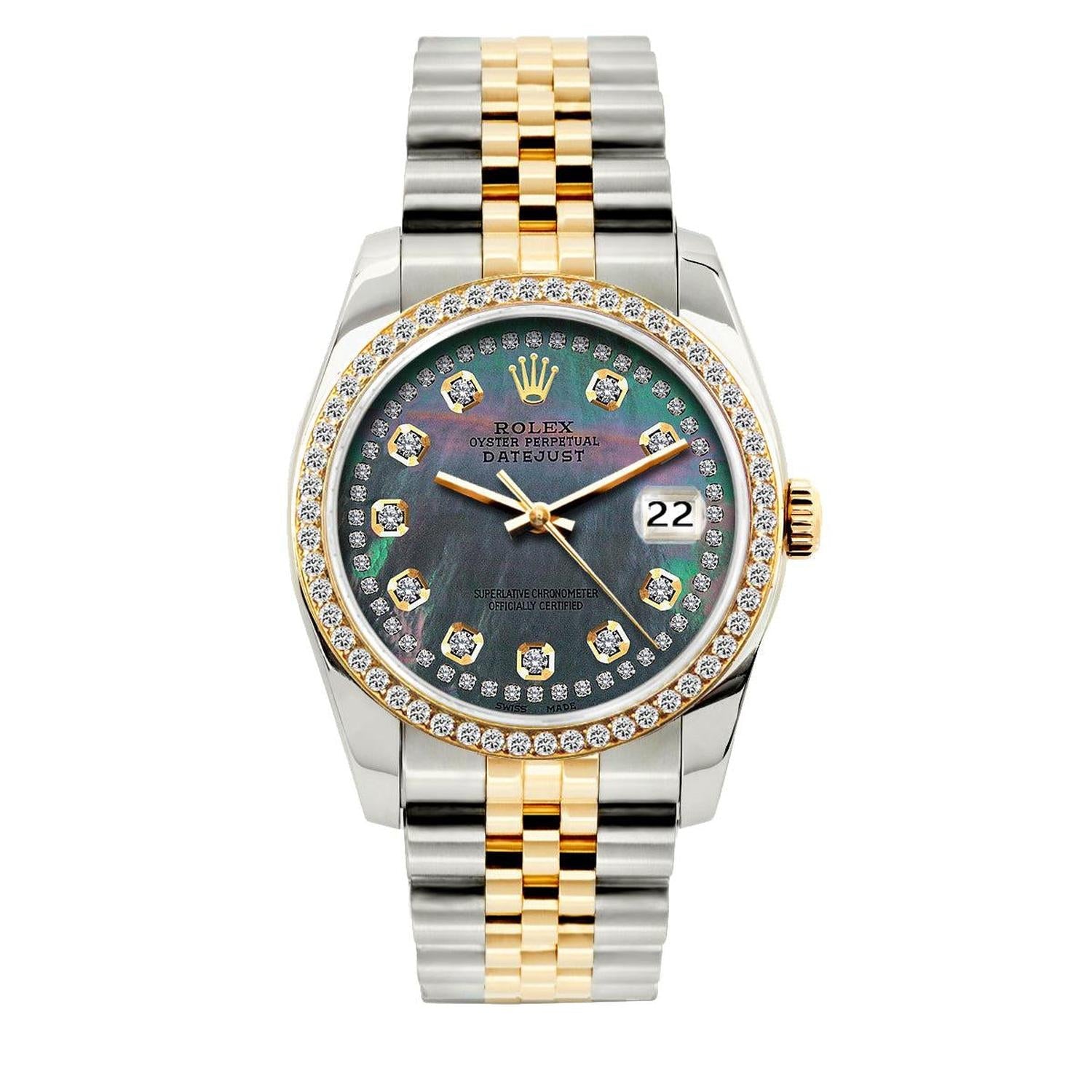 Rolex Datejust 36MM 16013 Black Mother of Pearl Diamond Dial Diamond Bezel Two Tone Yellow Gold Jubilee Bracelet 1.2ct