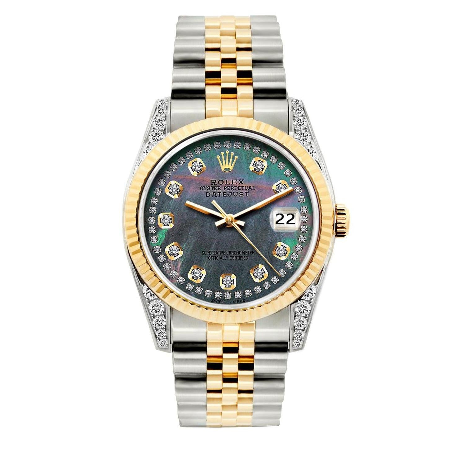 Rolex Datejust 36MM 16013 Black Mother of Pearl Diamond Dial Fluted Bezel Two Tone Yellow Gold Jubilee Bracelet