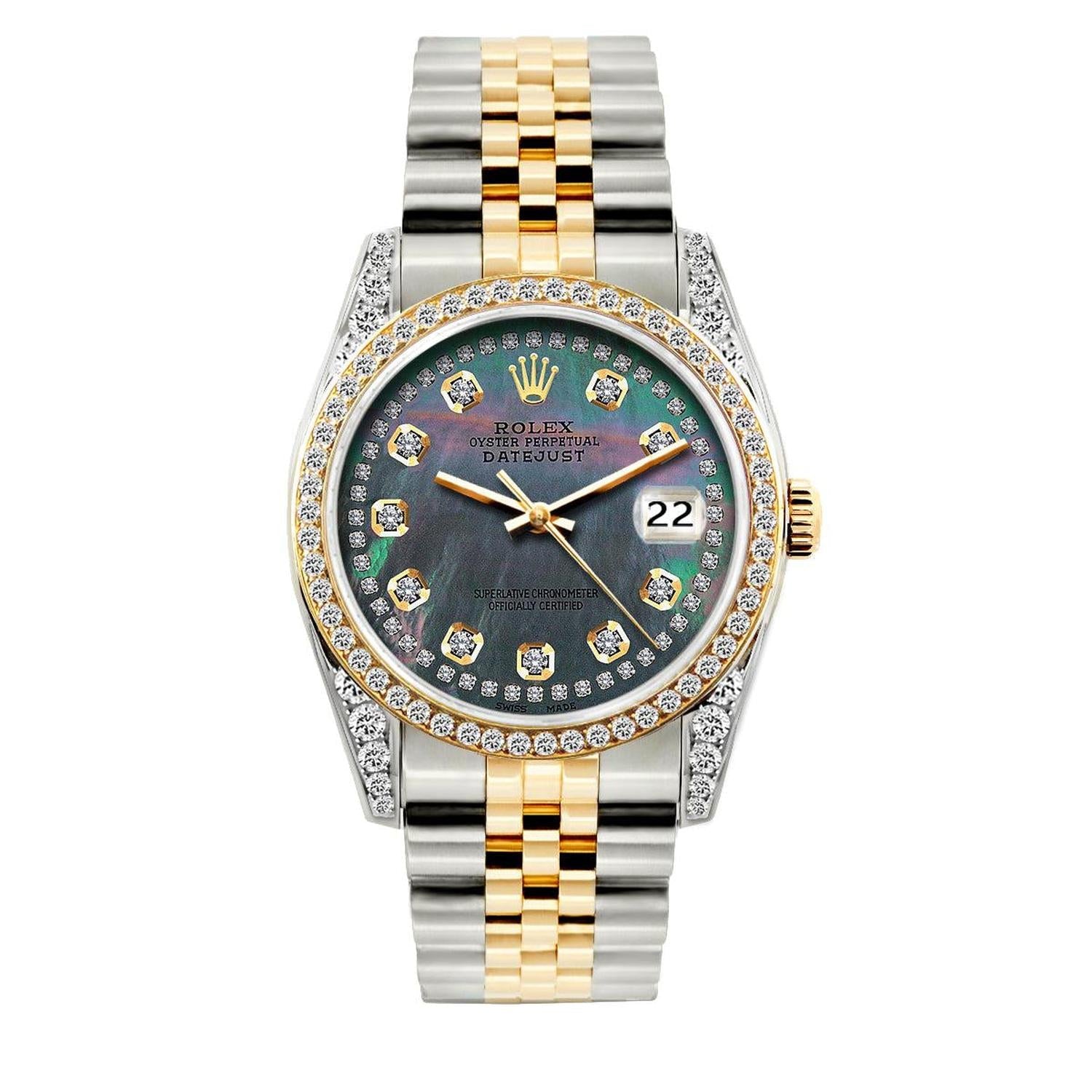 Rolex Datejust 36MM 16013 Black Mother of Pearl Diamond Dial Diamond Bezel Two Tone Yellow Gold Jubilee Bracelet 1.2ct