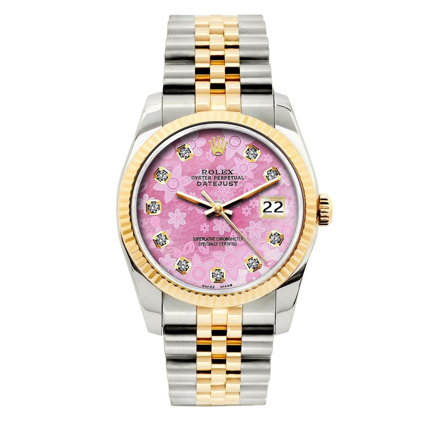 Rolex Datejust 36MM 16013 Pink Floral Diamond Dial Fluted Bezel Two Tone Yellow Gold Jubilee Bracelet