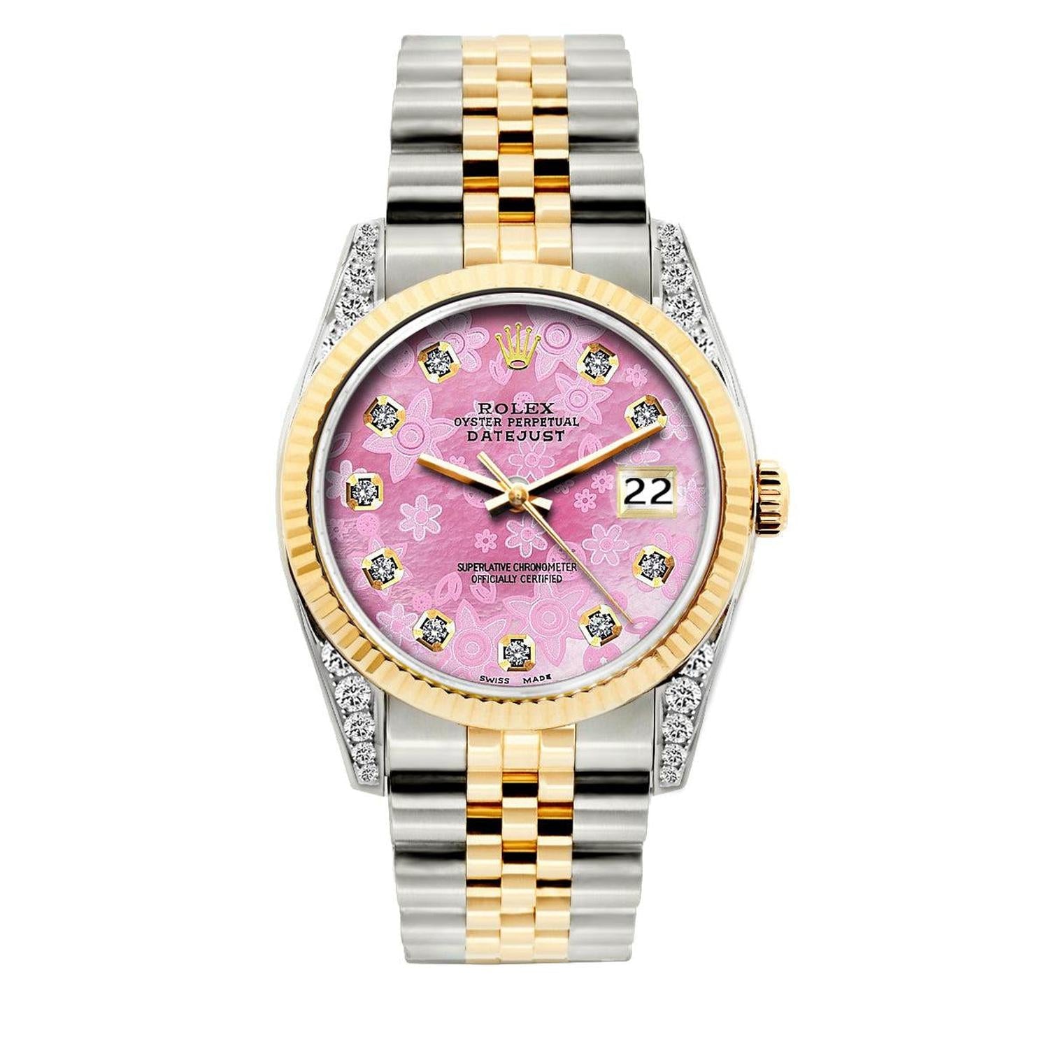Rolex Datejust 36MM 16013 Pink Floral Diamond Dial Fluted Bezel Two Tone Yellow Gold Jubilee Bracelet