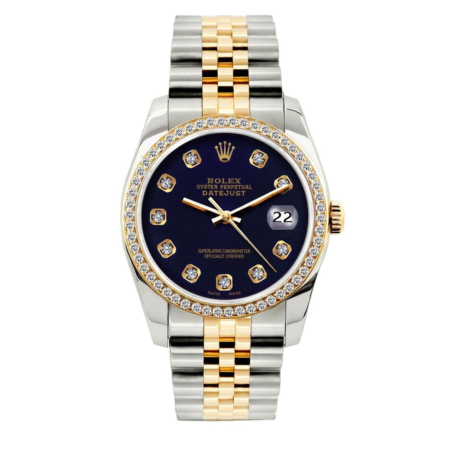 Rolex Datejust 36MM 16013 Black Diamond Dial Diamond Bezel Two Tone Yellow Gold Jubilee Bracelet 1.2ct