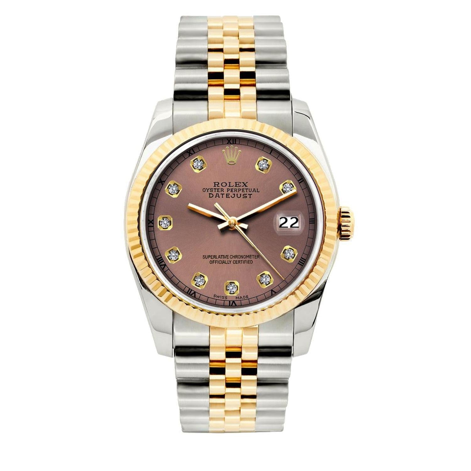 Rolex Datejust 36MM 16013 Everose Diamond Dial Fluted Bezel Two Tone Yellow Gold Jubilee Bracelet