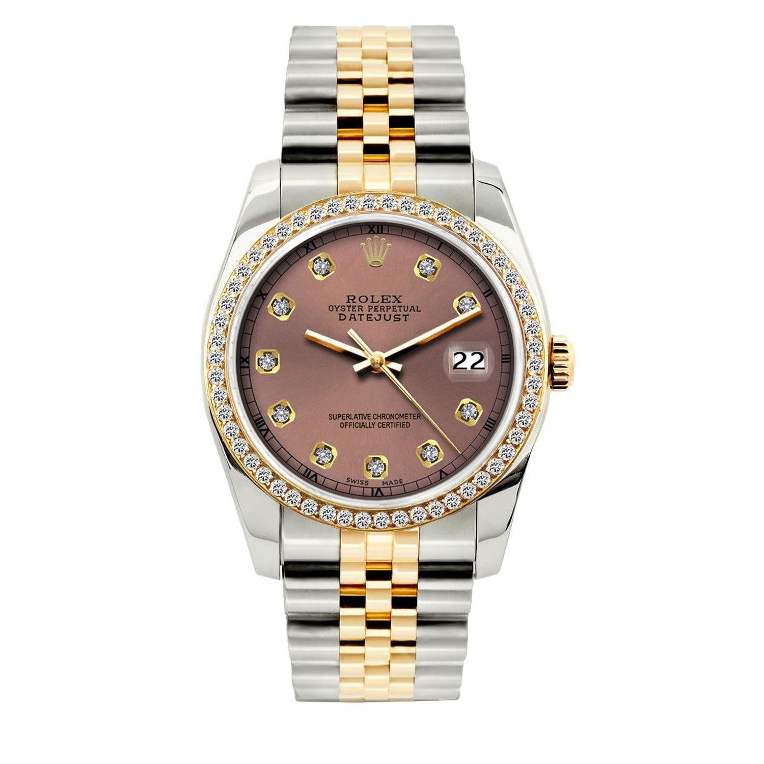 Rolex Datejust 36MM 16013 Everose Diamond Dial Diamond Bezel Two Tone Yellow Gold Jubilee Bracelet 1.2ct