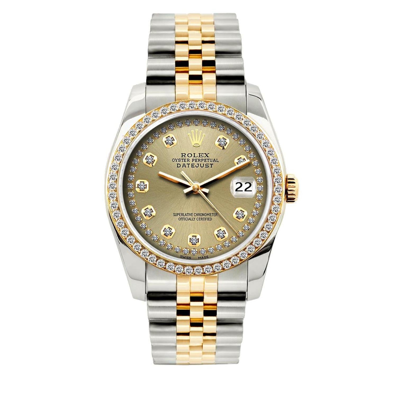 Rolex Datejust 36MM 16013 Champagne Diamond Dial Diamond Bezel Two Tone Yellow Gold Jubilee Bracelet 1.2ct