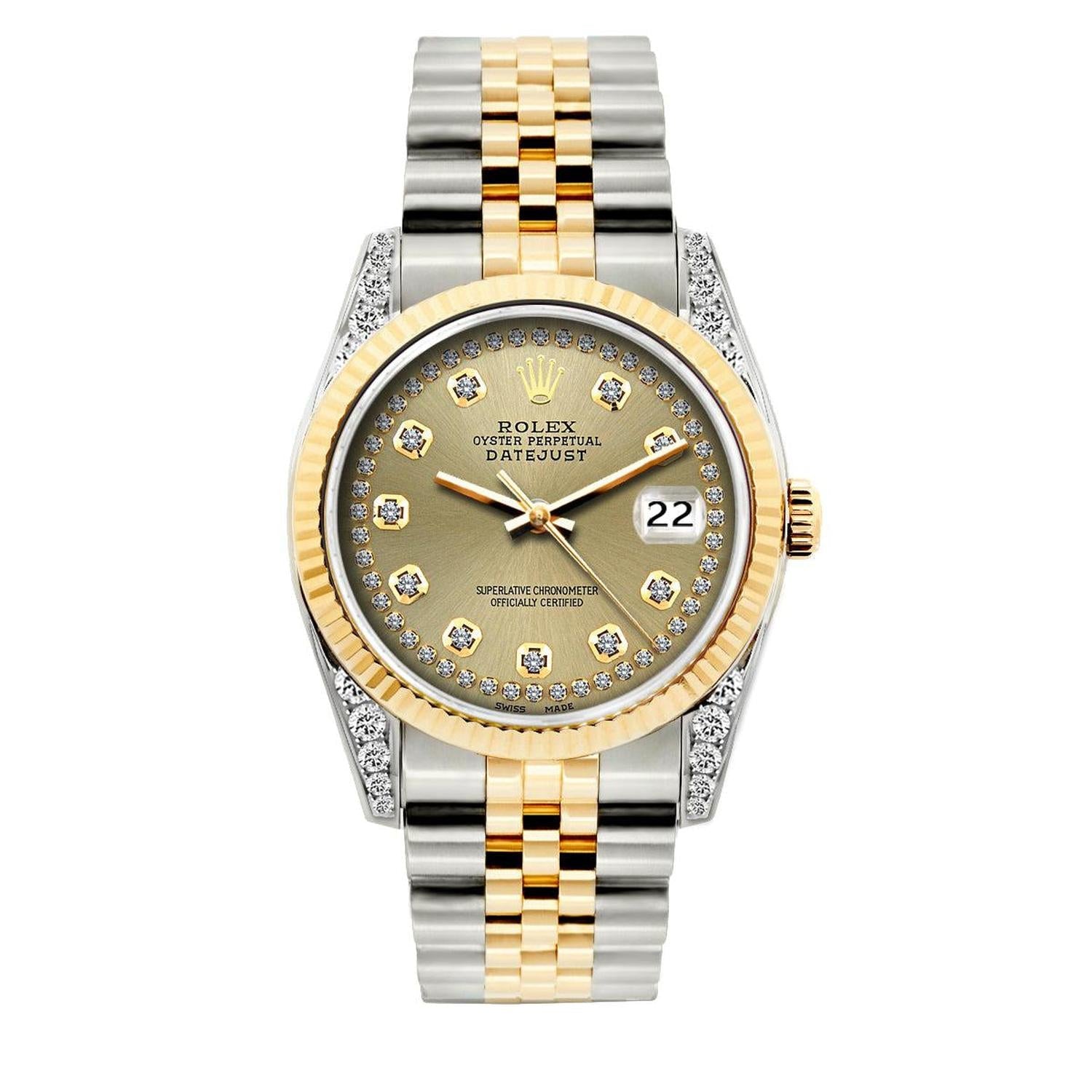 Rolex Datejust 36MM 16013 Champagne Diamond Dial Fluted Bezel Two Tone Yellow Gold Jubilee Bracelet