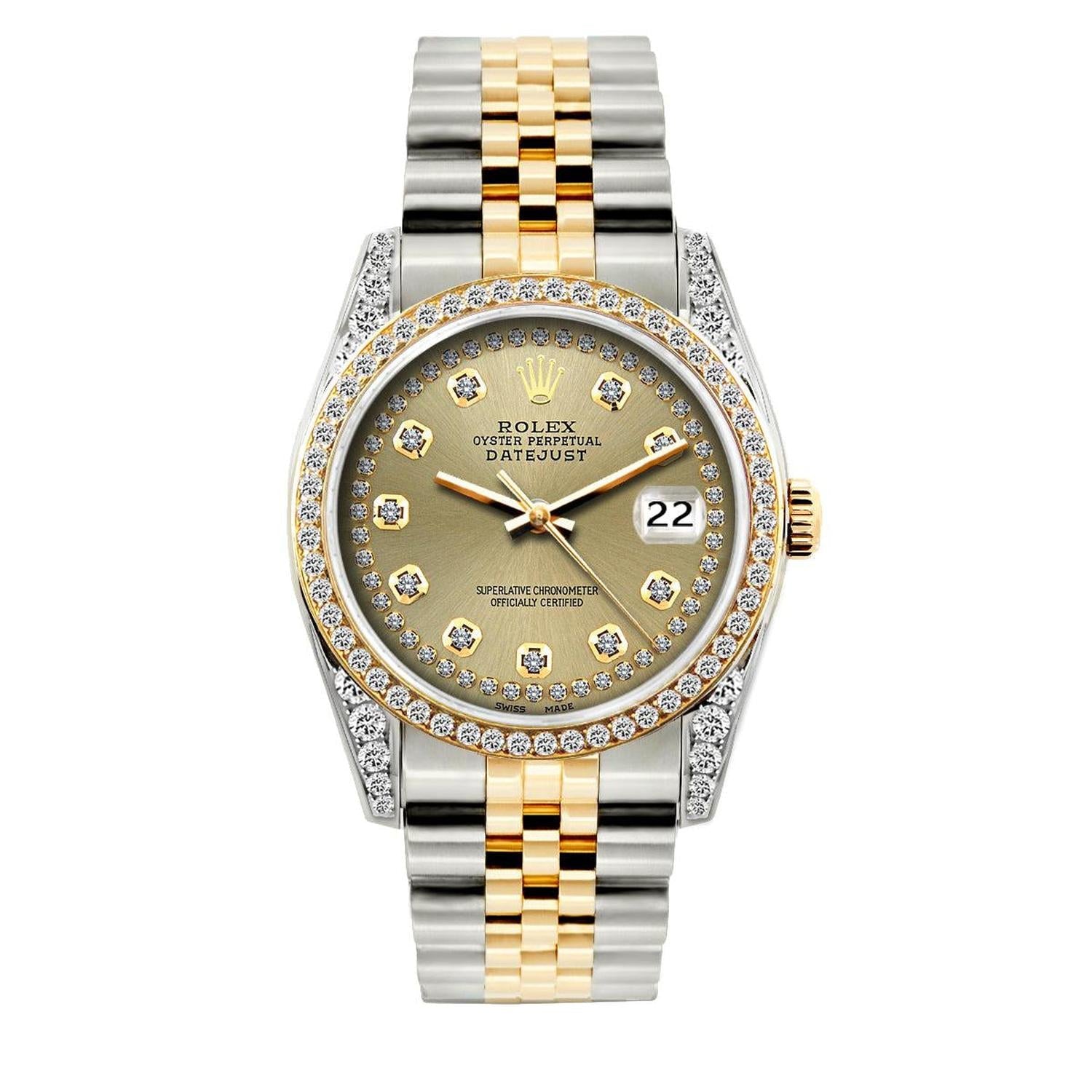 Rolex Datejust 36MM 16013 Champagne Diamond Dial Diamond Bezel Two Tone Yellow Gold Jubilee Bracelet 1.2ct