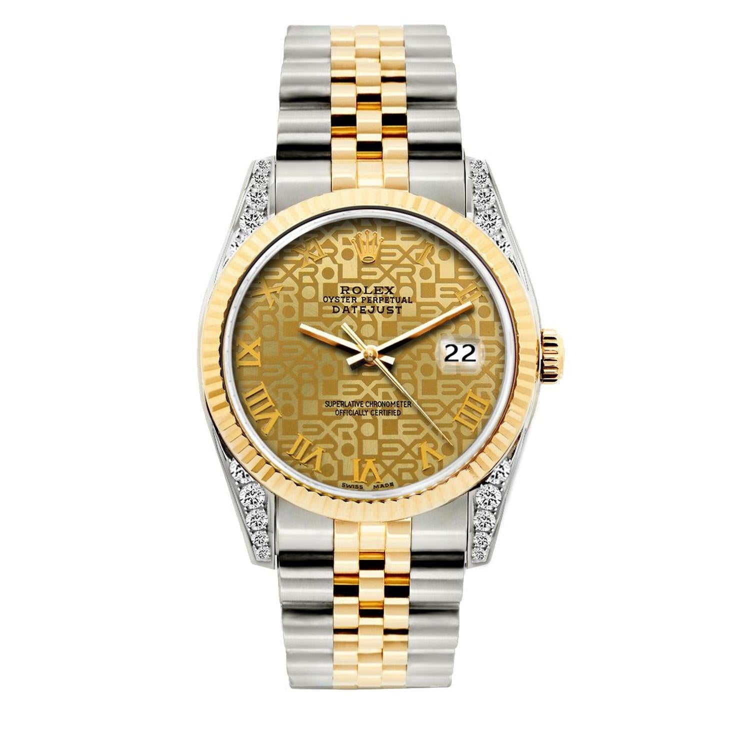 Rolex Datejust 36MM 16013 Champagne Pattern Roman Dial Fluted Bezel Two Tone Yellow Gold Jubilee Bracelet