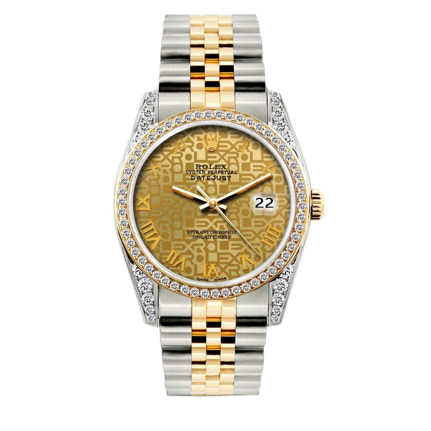 Rolex Datejust 36MM 16013 Champagne Pattern Roman Dial Diamond Bezel Two Tone Yellow Gold Jubilee Bracelet 1.2ct