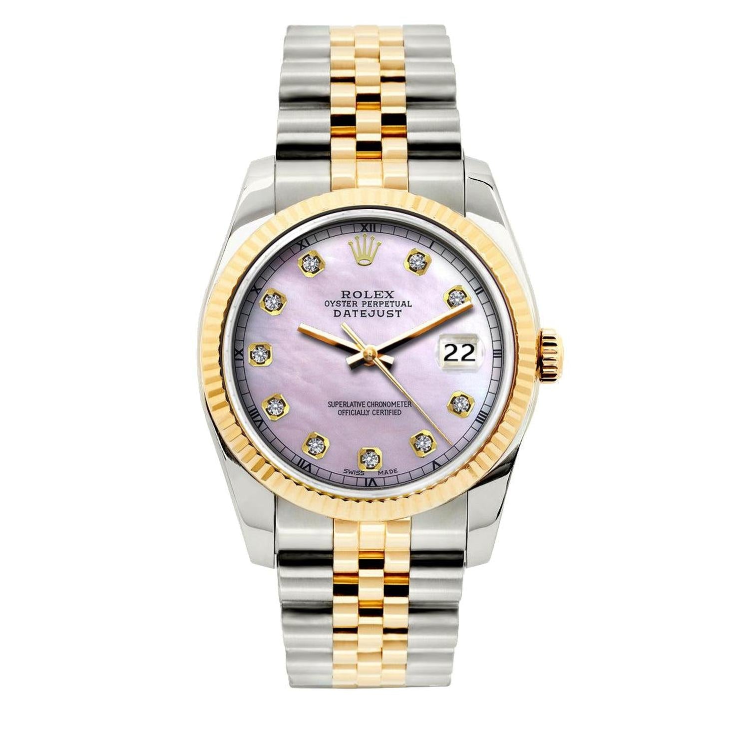 Rolex Datejust 36MM 16013 Pink Mother of Pearl Diamond Dial Fluted Bezel Two Tone Yellow Gold Jubilee Bracelet
