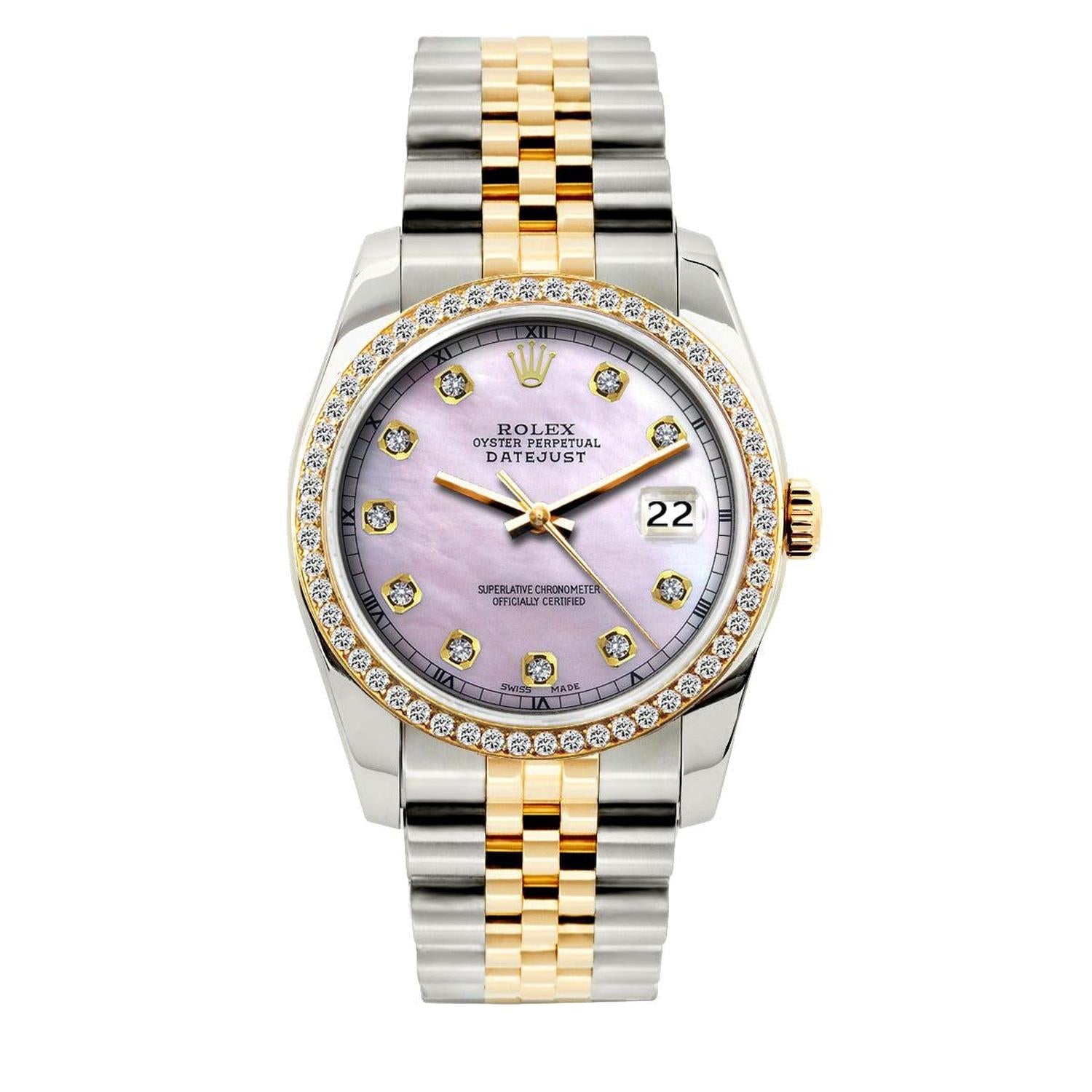 Rolex Datejust 36MM 16013 Pink Mother of Pearl Diamond Dial Diamond Bezel Two Tone Yellow Gold Jubilee Bracelet 1.2ct