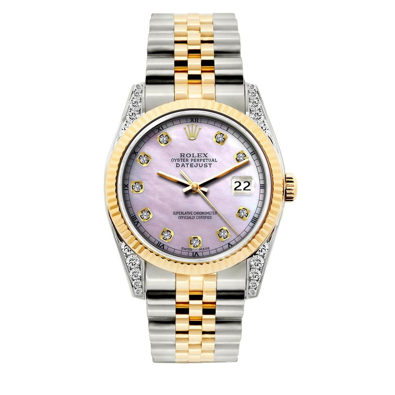 Rolex Datejust 36MM 16013 Pink Mother of Pearl Diamond Dial Fluted Bezel Two Tone Yellow Gold Jubilee Bracelet
