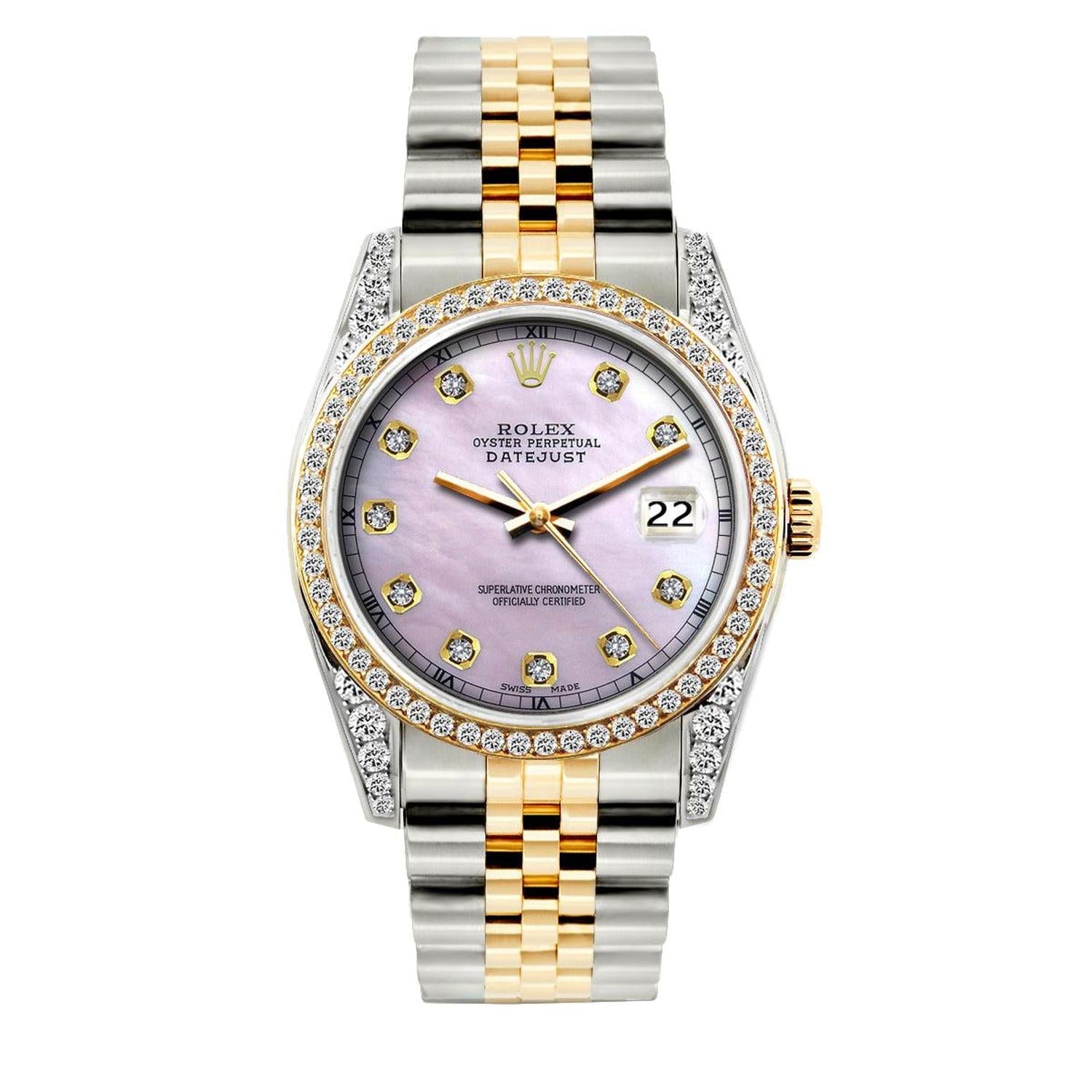 Rolex Datejust 36MM 16013 Pink Mother of Pearl Diamond Dial Diamond Bezel Two Tone Yellow Gold Jubilee Bracelet 1.2ct