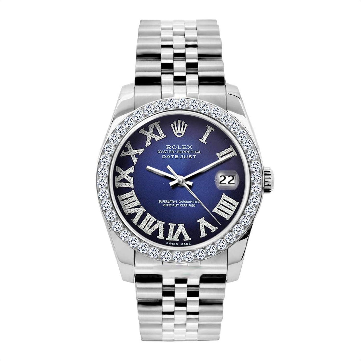 Rolex Datejust 36MM 16200 Blue Roman Dial Diamond Bezel Stainless Steel Jubilee Bracelet 1.2ct