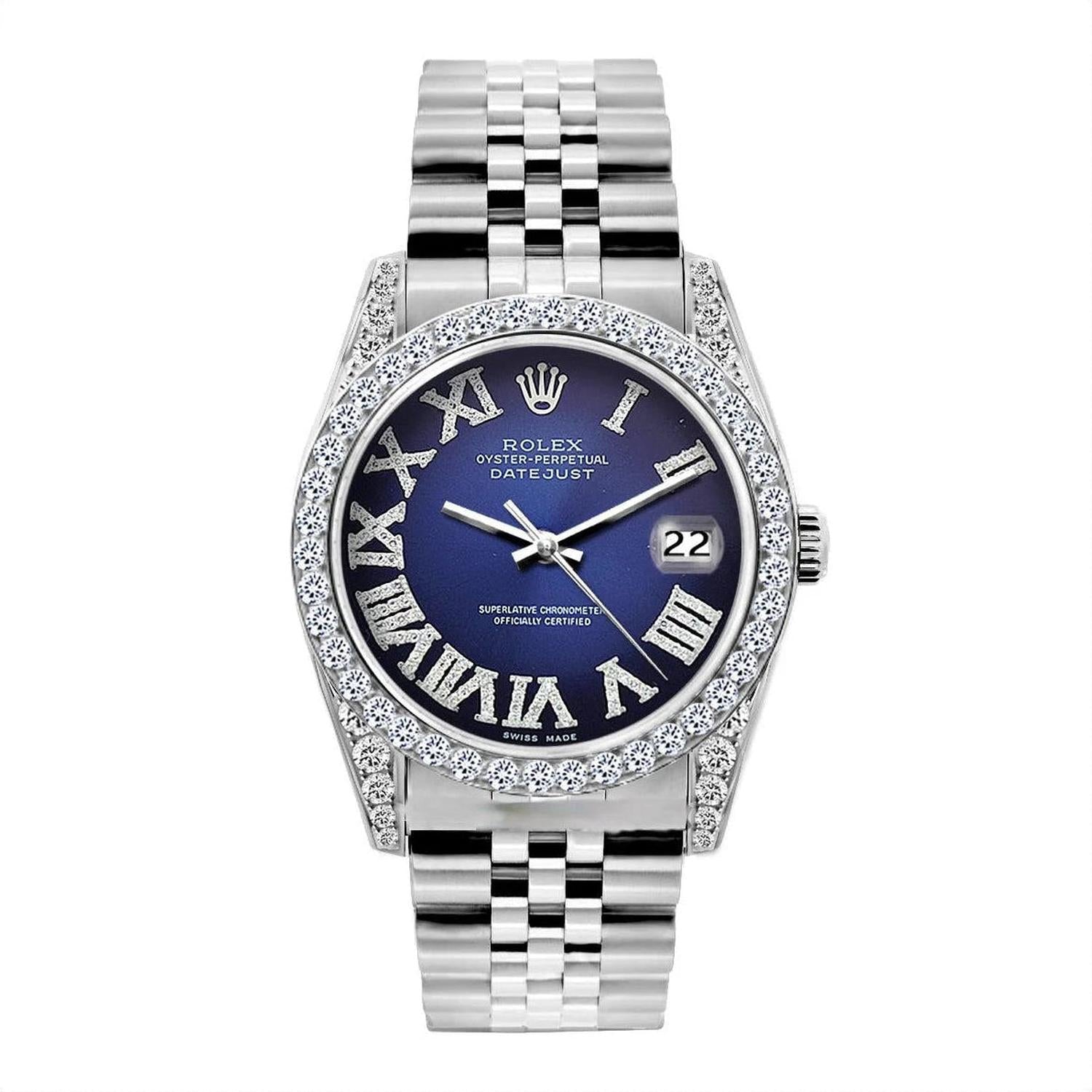 Rolex Datejust 36MM 16200 Blue Roman Dial Diamond Bezel Stainless Steel Jubilee Bracelet 1.2ct