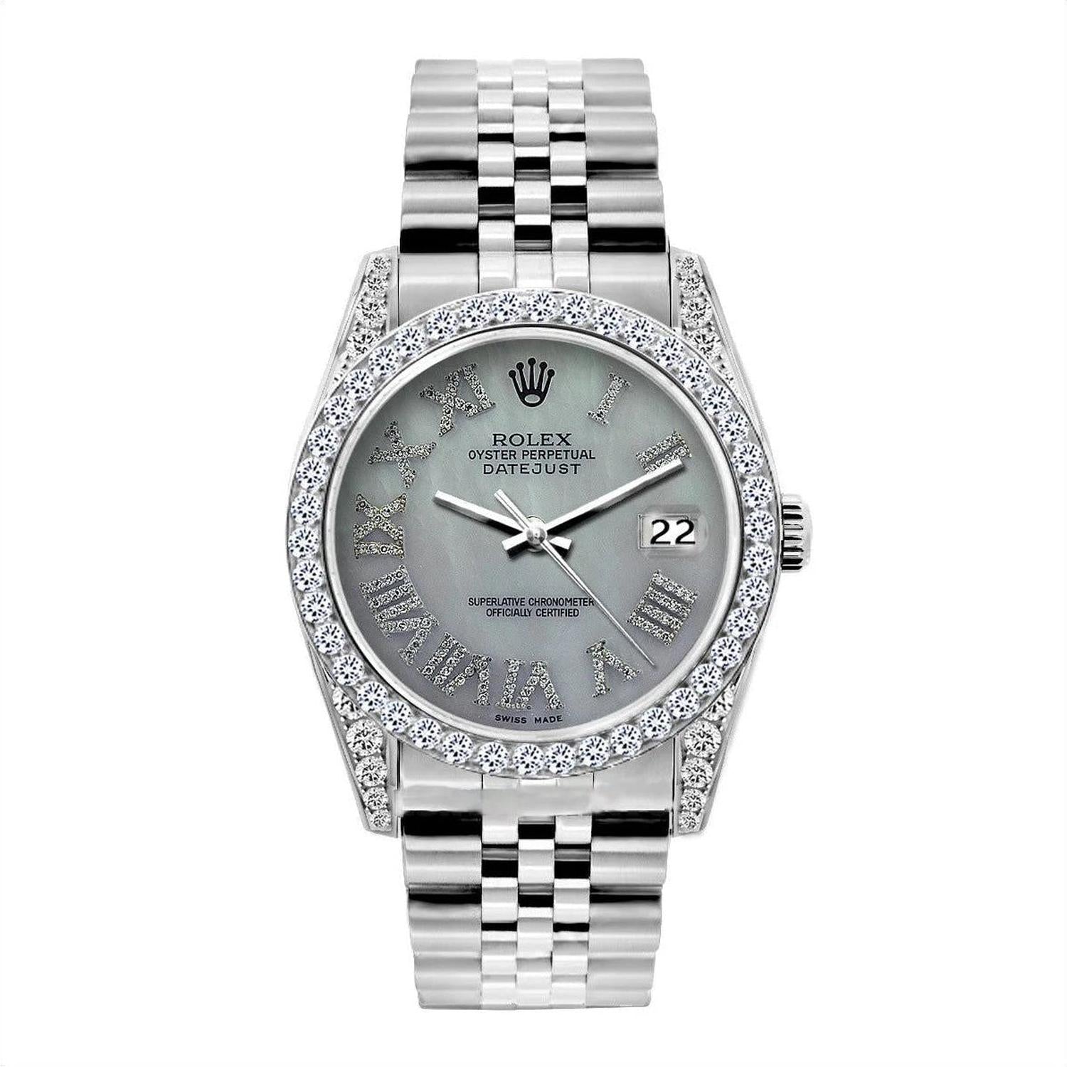 Rolex Datejust 36MM 16200 Mother of Pearl Roman Dial Diamond Bezel Stainless Steel Jubilee Bracelet