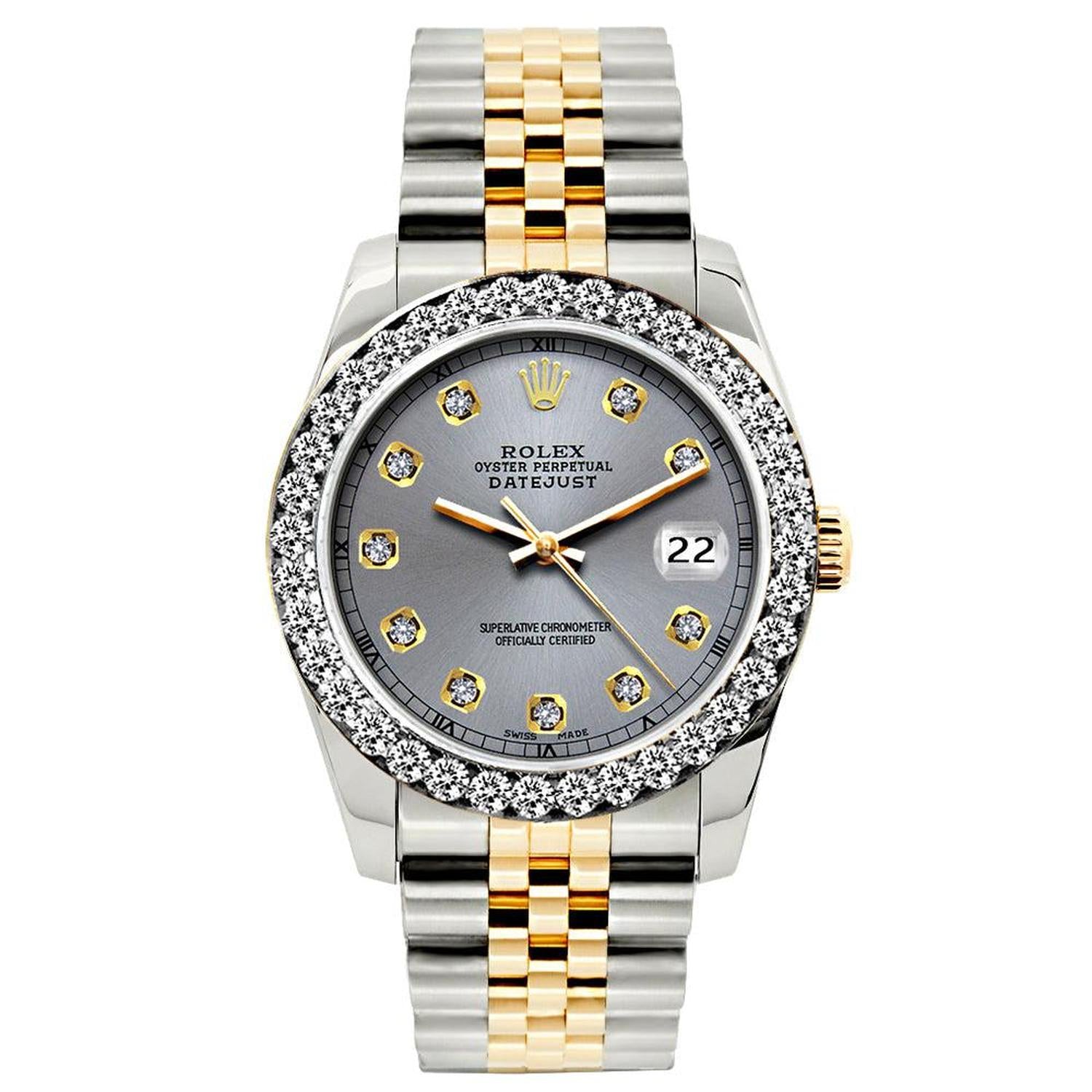 Rolex Datejust 26MM 69173 Slate Gray Diamond Dial Diamond Bezel Two Tone Jubilee Bracelet 1.2ct