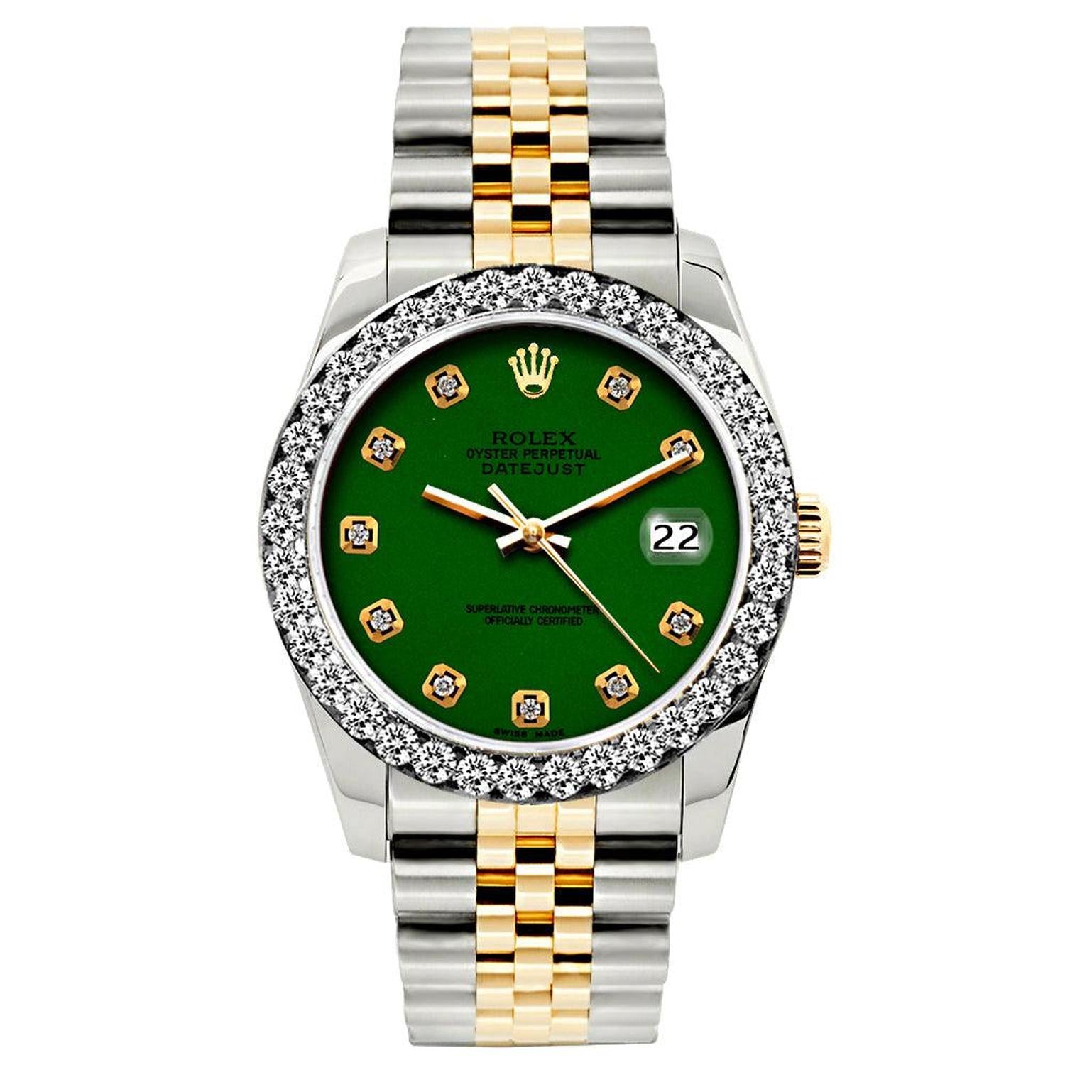 Rolex Datejust 26MM 69173 Green Diamond Dial Diamond Bezel Two Tone Jubilee Bracelet 1.2ct