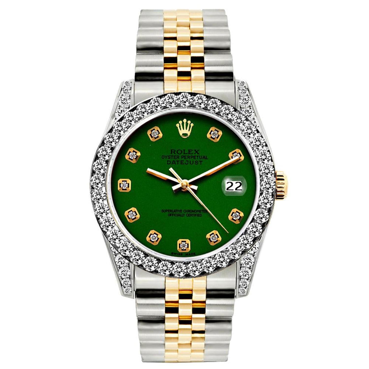 Rolex Datejust 26MM 69173 Green Diamond Dial Diamond Bezel Two Tone Jubilee Bracelet 1.2ct