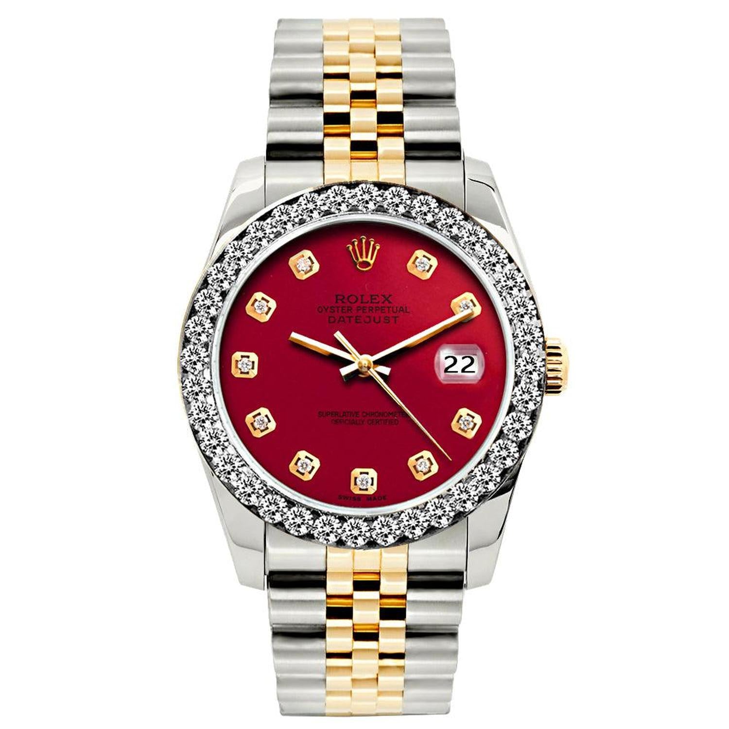 Rolex Datejust 26MM 69173 Red Diamond Dial Diamond Bezel Two Tone Jubilee Bracelet 1.2ct