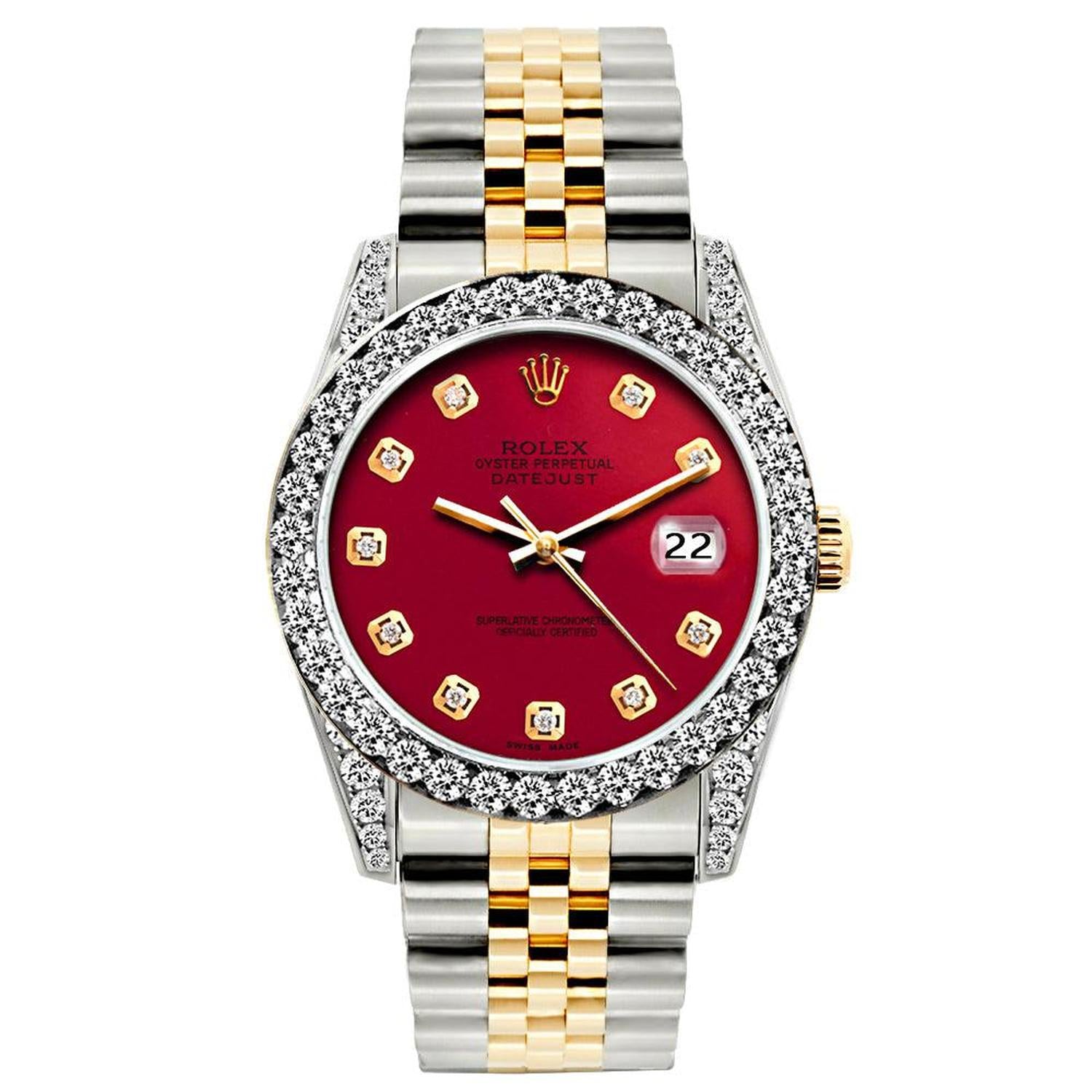 Rolex Datejust 26MM 69173 Red Diamond Dial Diamond Bezel Two Tone Jubilee Bracelet 1.2ct