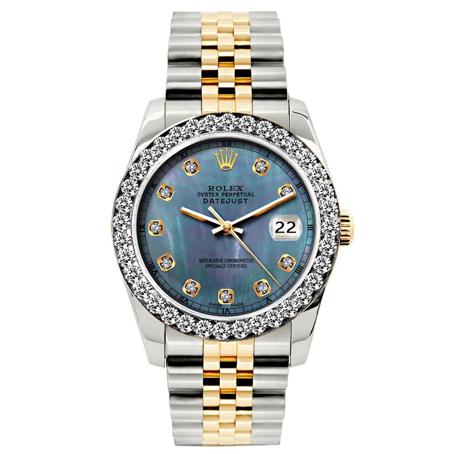 Rolex Datejust 26MM 69173 Blue Mother of Pearl Diamond Dial Diamond Bezel Two Tone Jubilee Bracelet 1.2ct