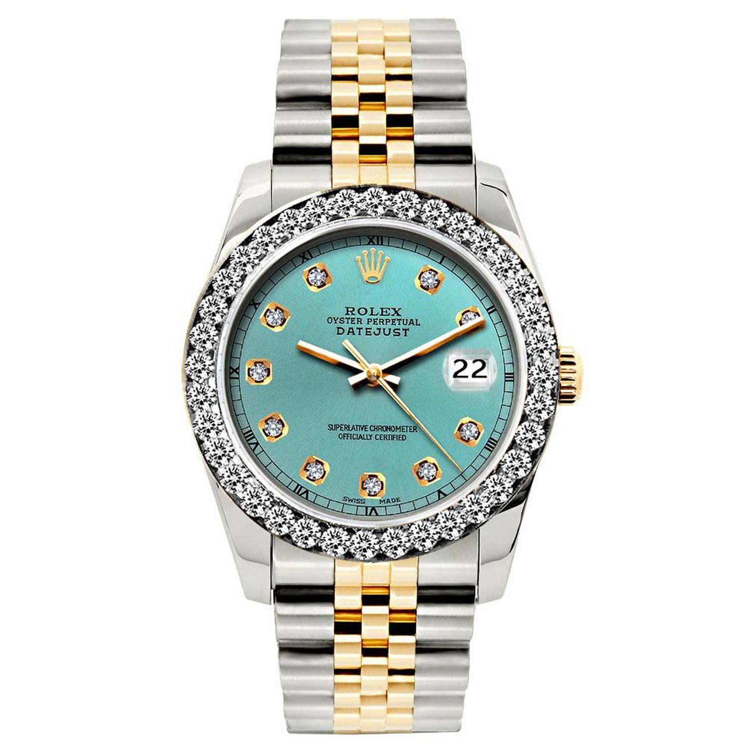 Rolex Datejust 26MM 69173 Blue Diamond Dial Diamond Bezel Two Tone Jubilee Bracelet 1.2ct