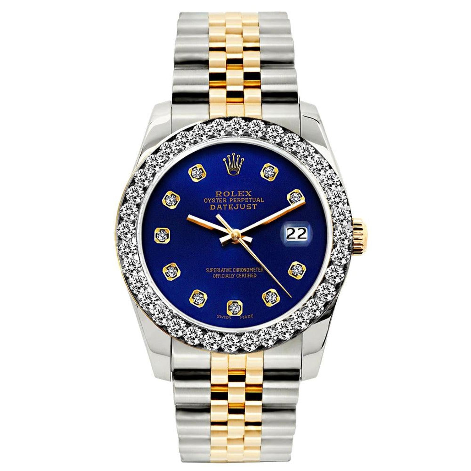 Rolex Datejust 26MM 69173 Blue Diamond Dial Diamond Bezel Two Tone Jubilee Bracelet 1.2ct