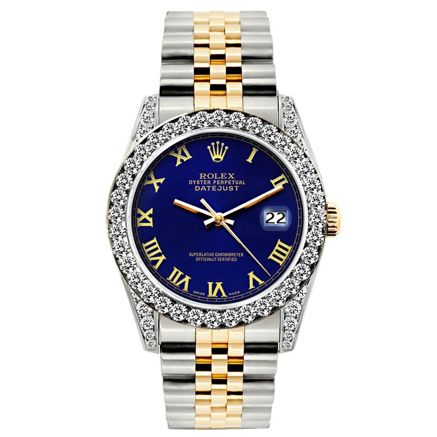 Rolex Datejust 26MM 69173 Blue Roman Dial Diamond Bezel Two Tone Jubilee Bracelet 1.2ct